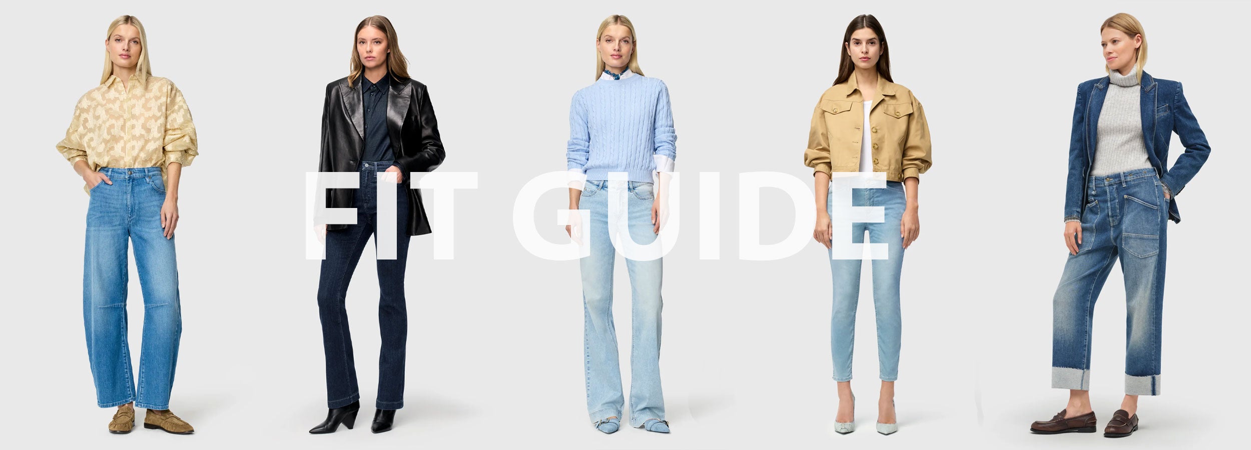 Five female models in different denim fits stand against a light grey background. The text “FIT GUIDE” appears across the center.