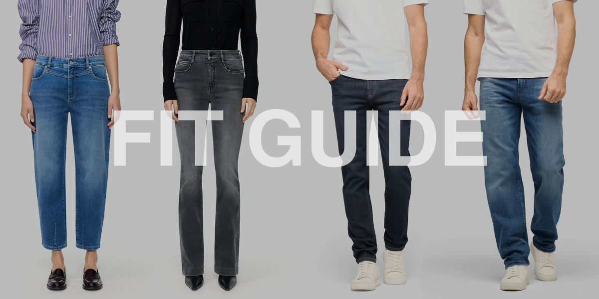 MAC Jeans Fit Guide featuring two women and two men wearing different denim fits, from relaxed and straight-leg to slim and regular styles.