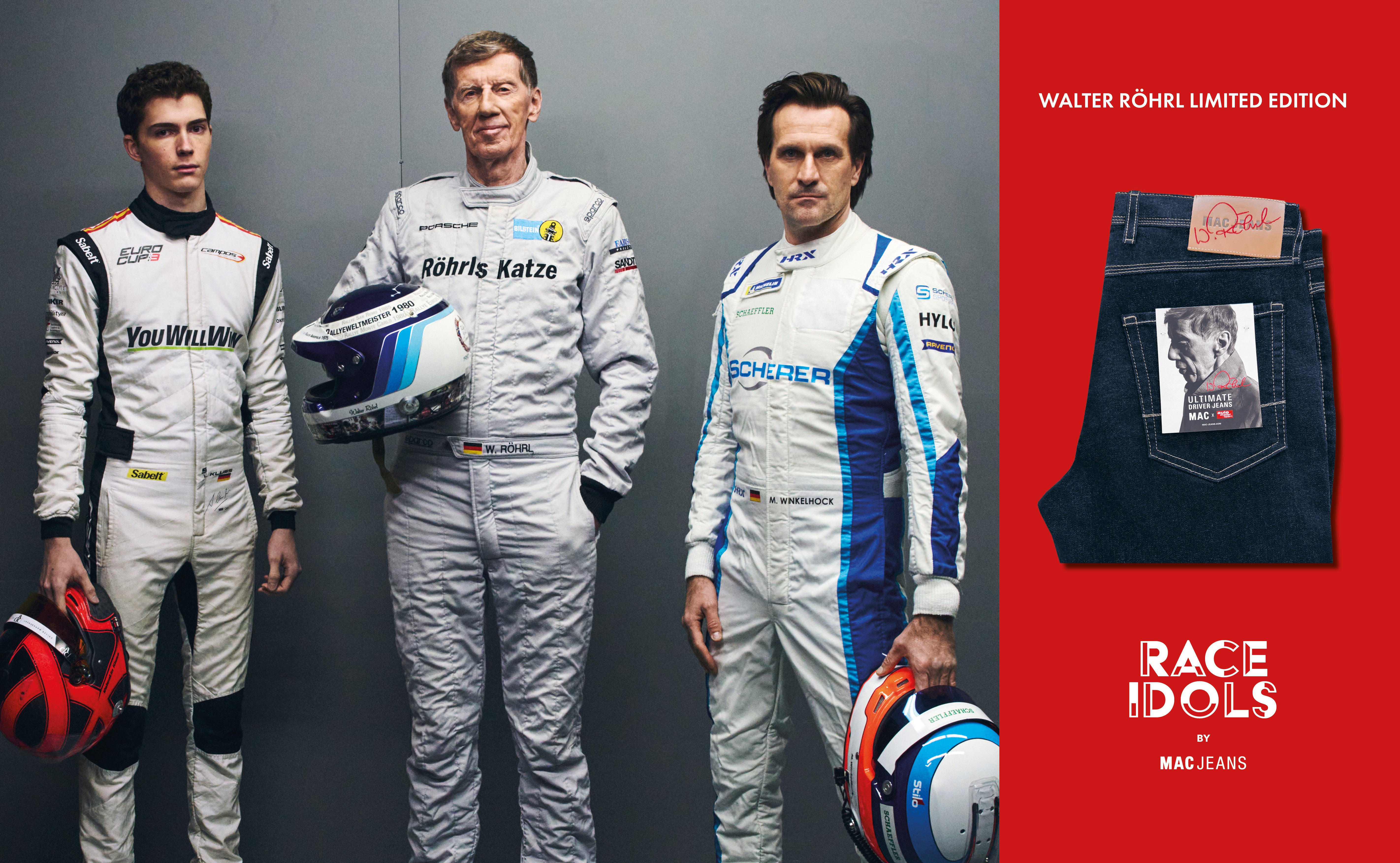 Three professional racing drivers stand side by side in white racing suits, holding helmets against a neutral studio backdrop. The central driver is an older man, flanked by two younger drivers. On the right, a red panel showcases the Walter Röhrl Limited Edition jeans, featuring a signature leather patch and exclusive branding. The image is part of the RACE IDOLS by MAC JEANS campaign, celebrating motorsport heritage and premium denim craftsmanship.