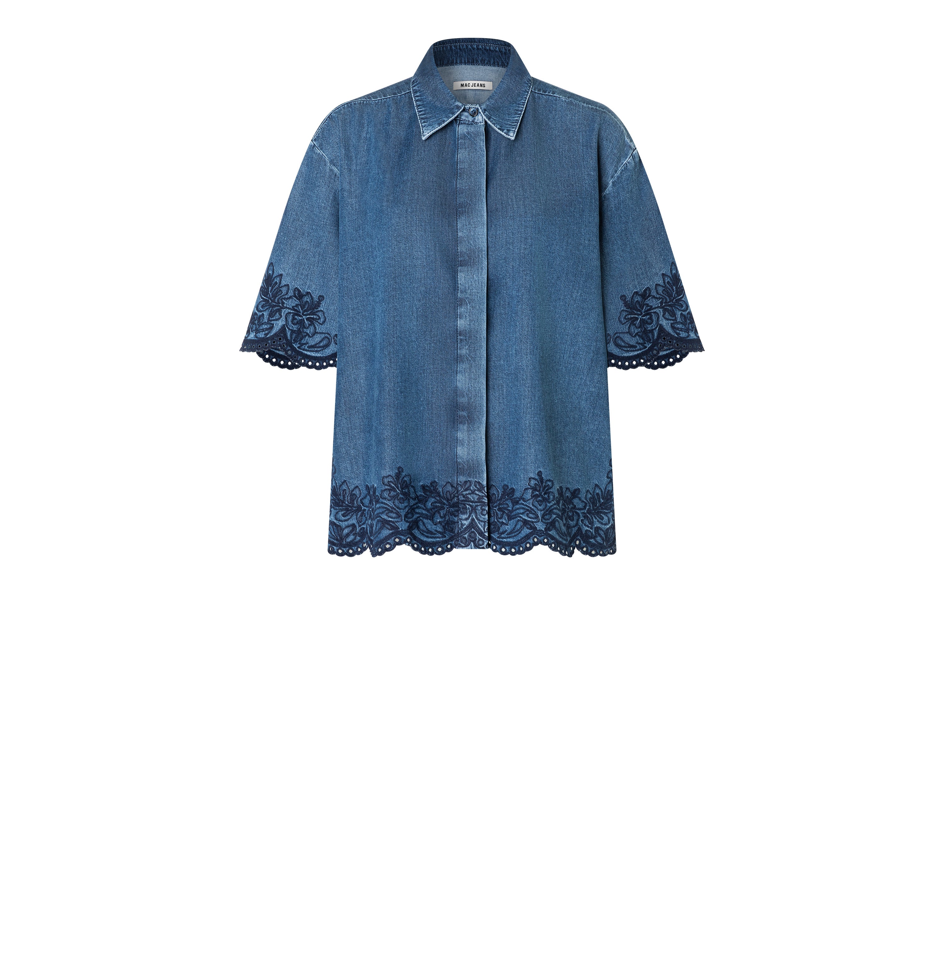 Light denim shirt with embroideries. | SHIRT embro | mid blue heritage wash | Front view of bust