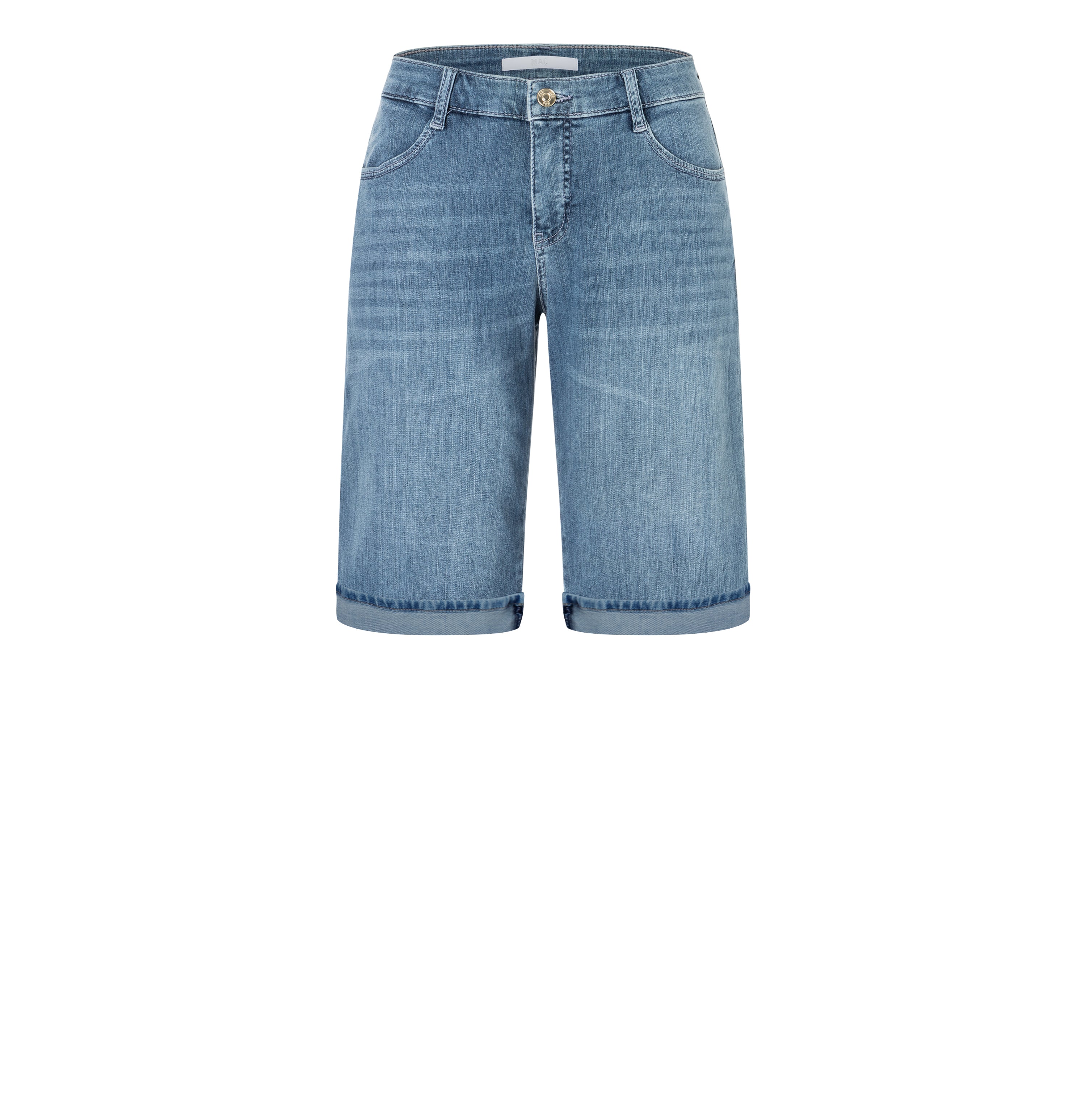 Turned-up jeans shorts made of light denim. | SHORTY summer clean | commercial summer blue wash | Front view of bust