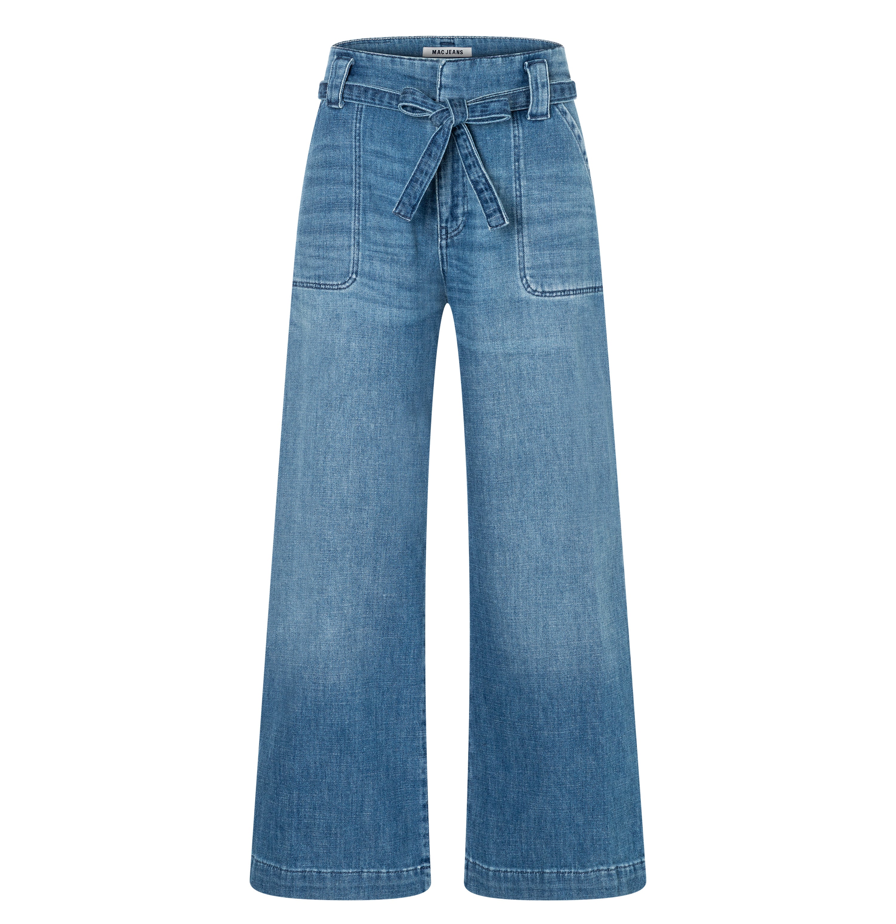Wide, flowing jeans with tie belt. | SIENNA | cool blue used | Front view of bust