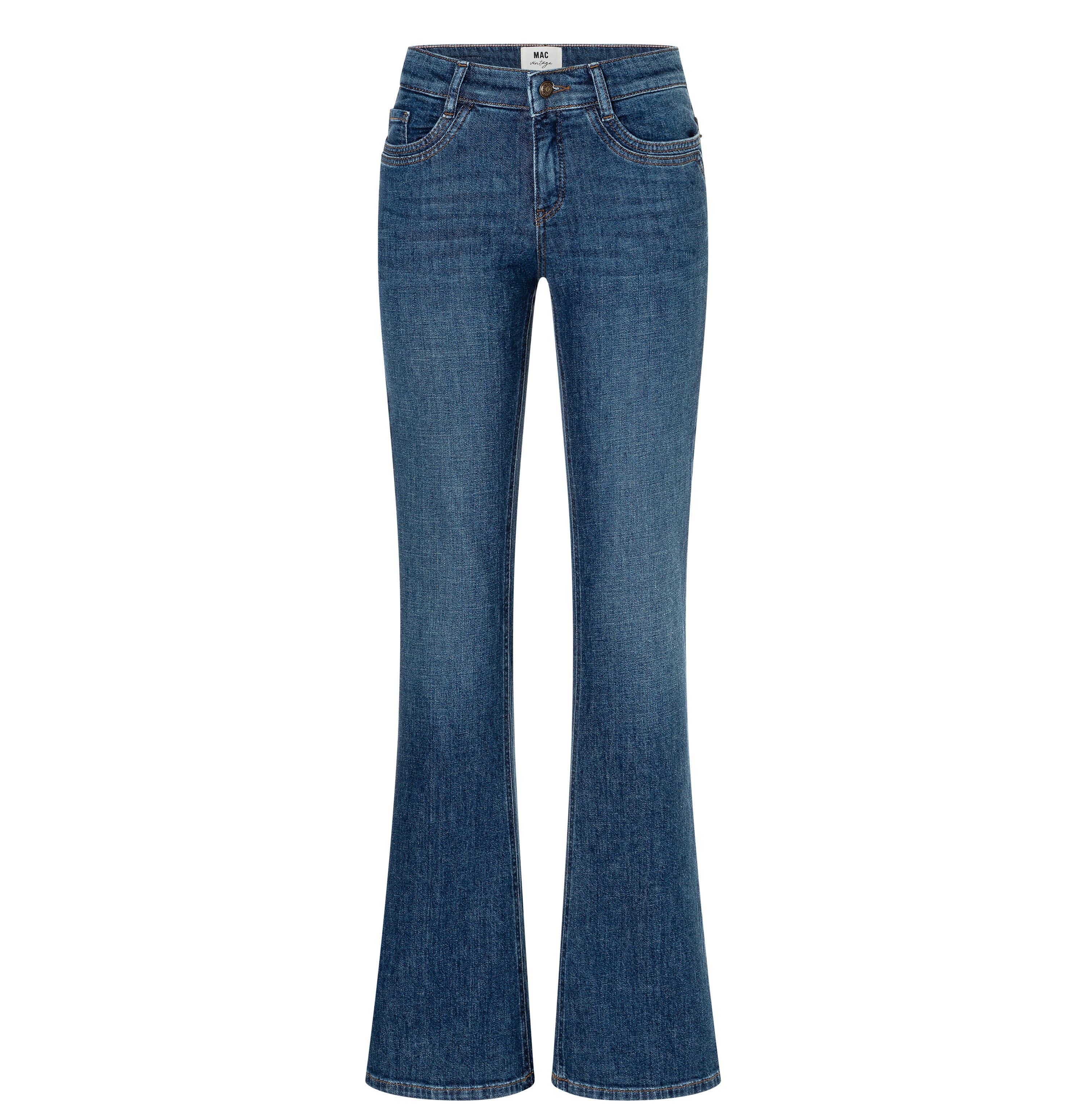 Flared jeans with modern details. | DETROIT flared | essential mid blue | Front view of bust