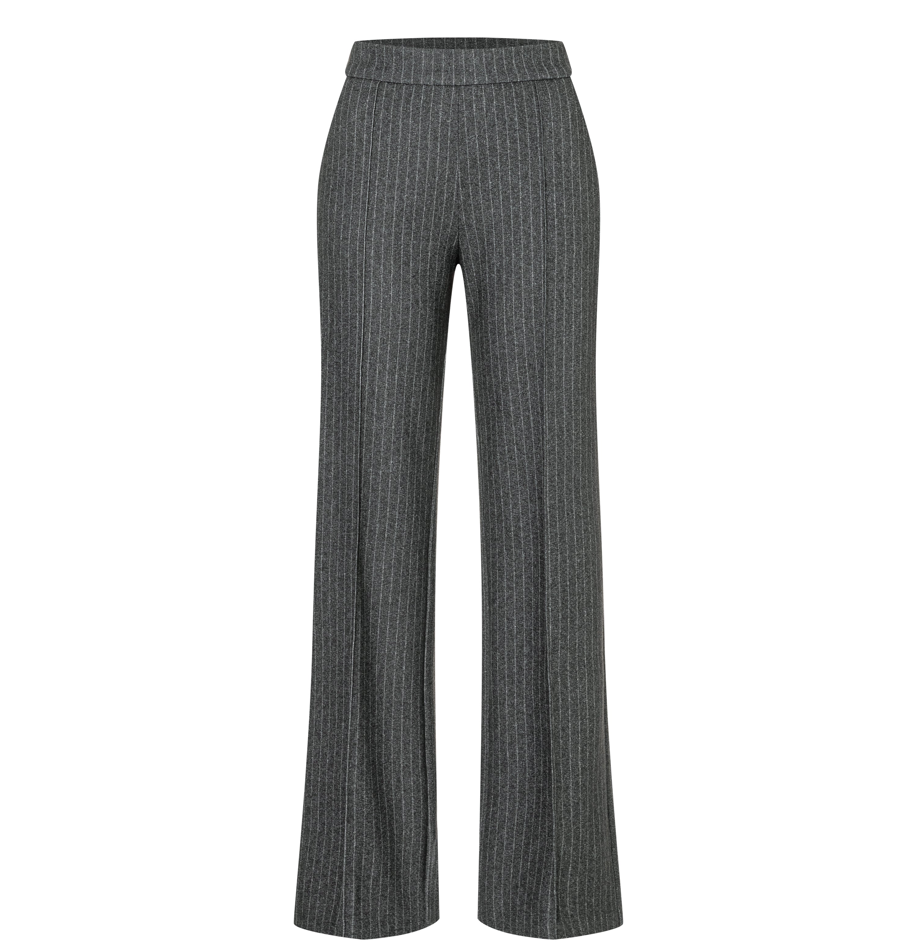 Wide jump-in trousers made of premium jersey. | CHIARA SMART | dark shadow stripes | Front view of bust