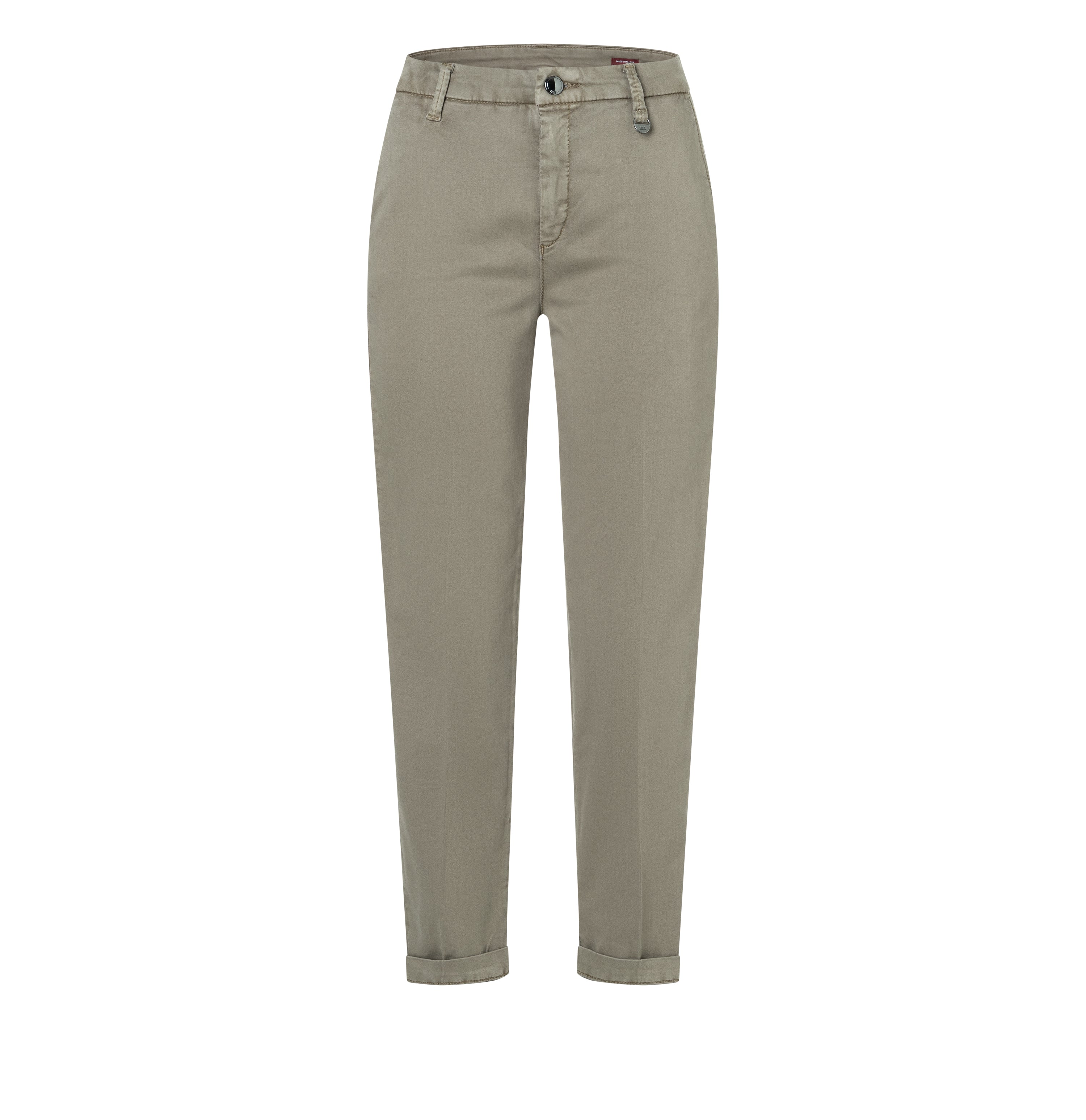 Chino in a soft cotton-modal-lyocell blend. | CHINO turn up | mud green PPT | Front view of bust