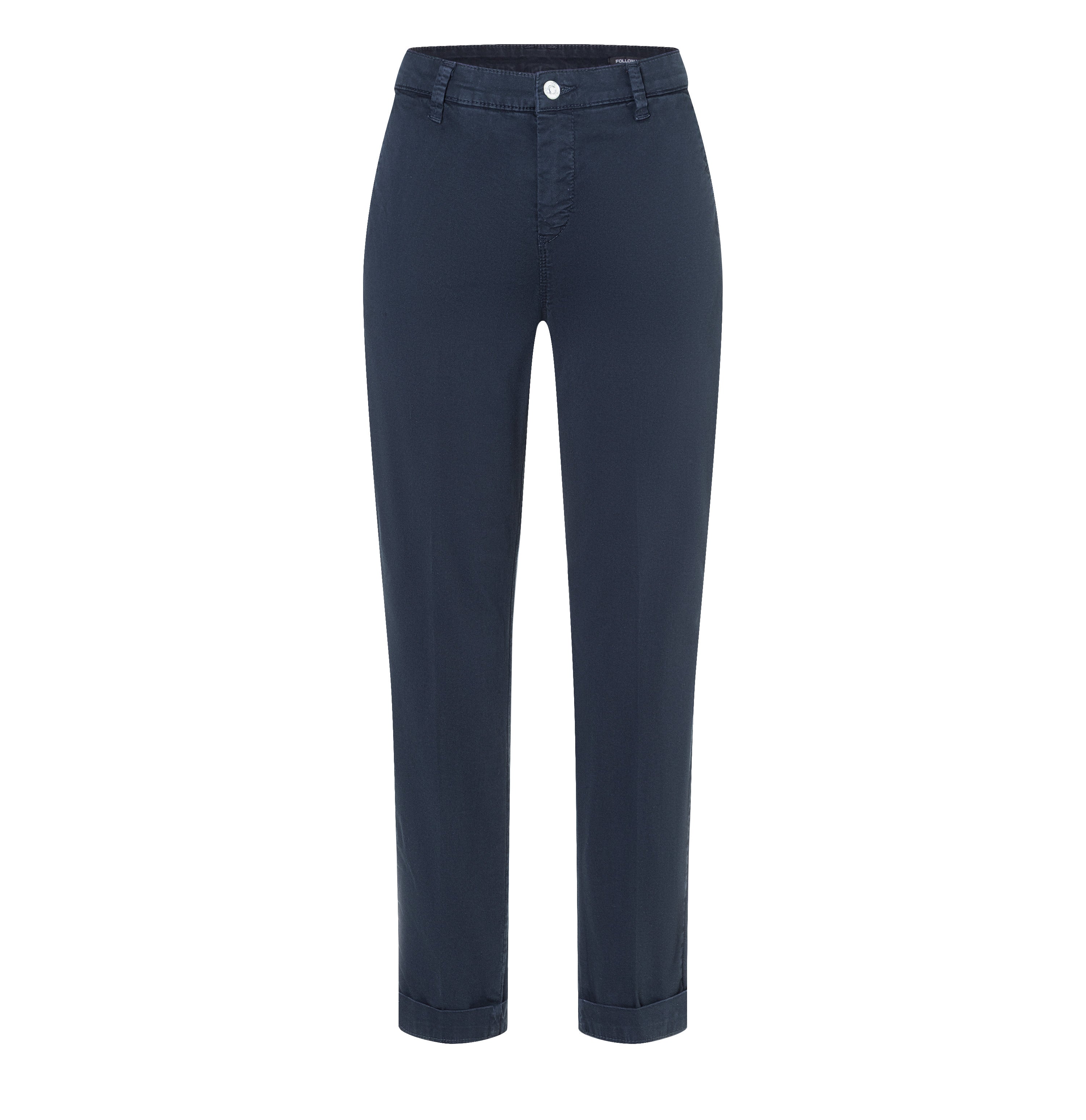 Turned-up chino with creases. | CHINO turn up | dark blue PPT | Front view of bust