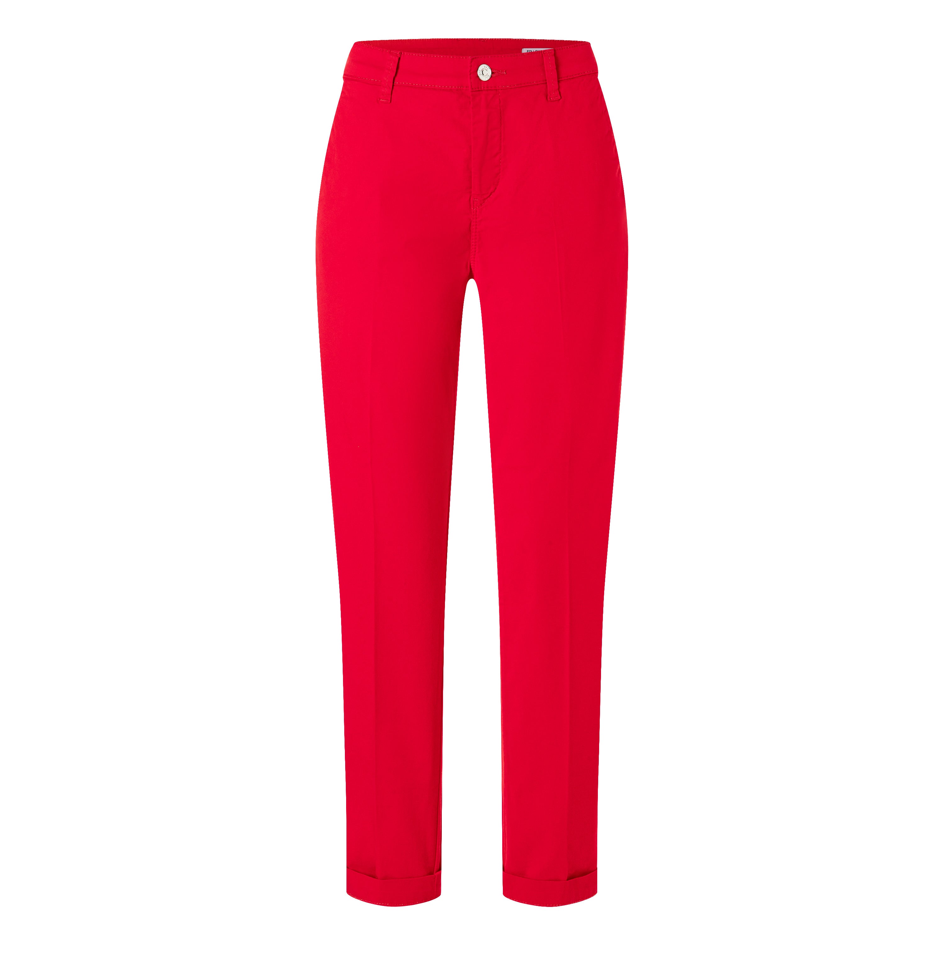 Turned-up chino with creases. | CHINO turn up | ruby red PPT | Front view of bust