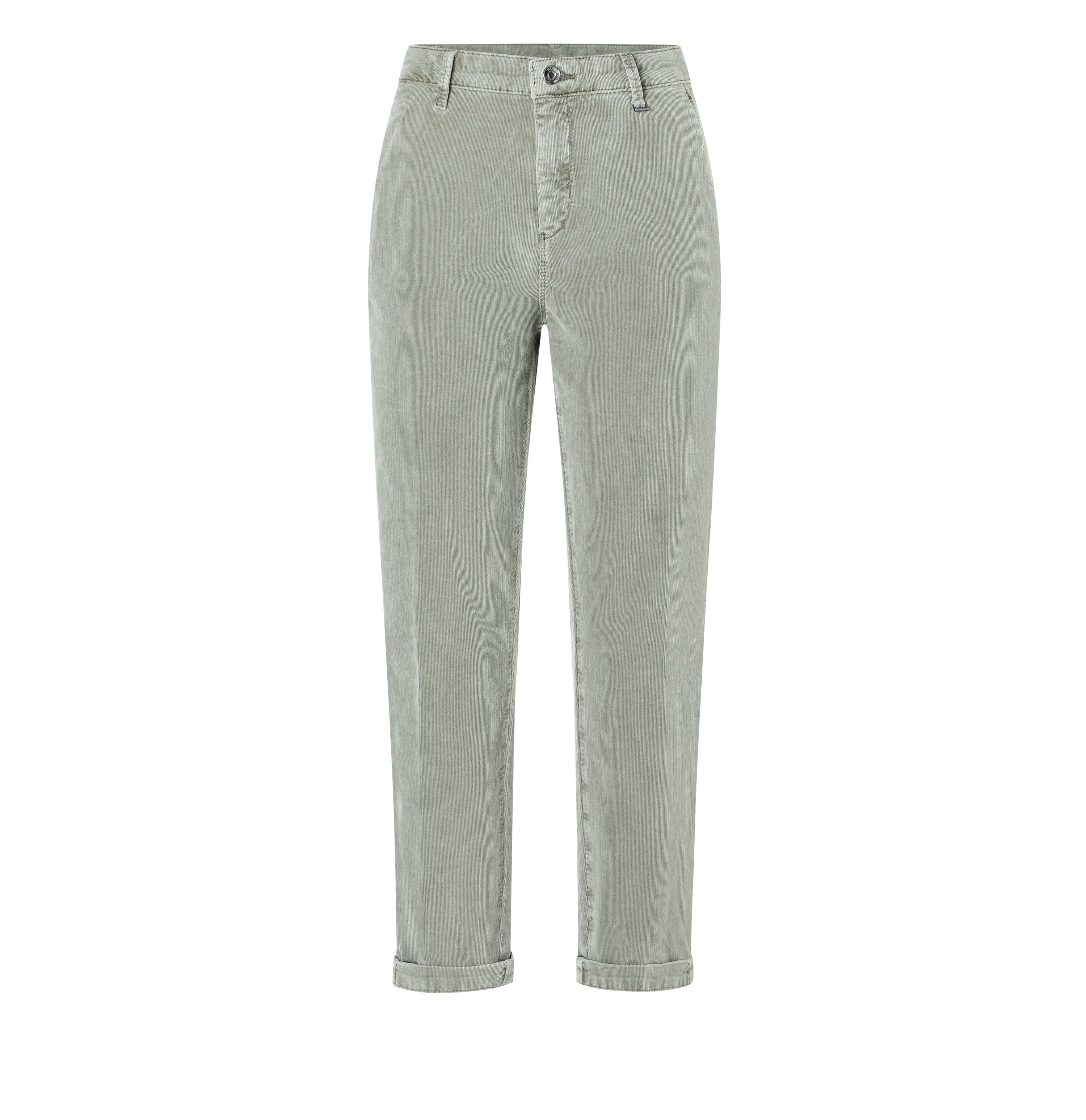 Slim chino made of baby corduroy in brilliant colours. | CHINO turn up | thyme | Front view of bust