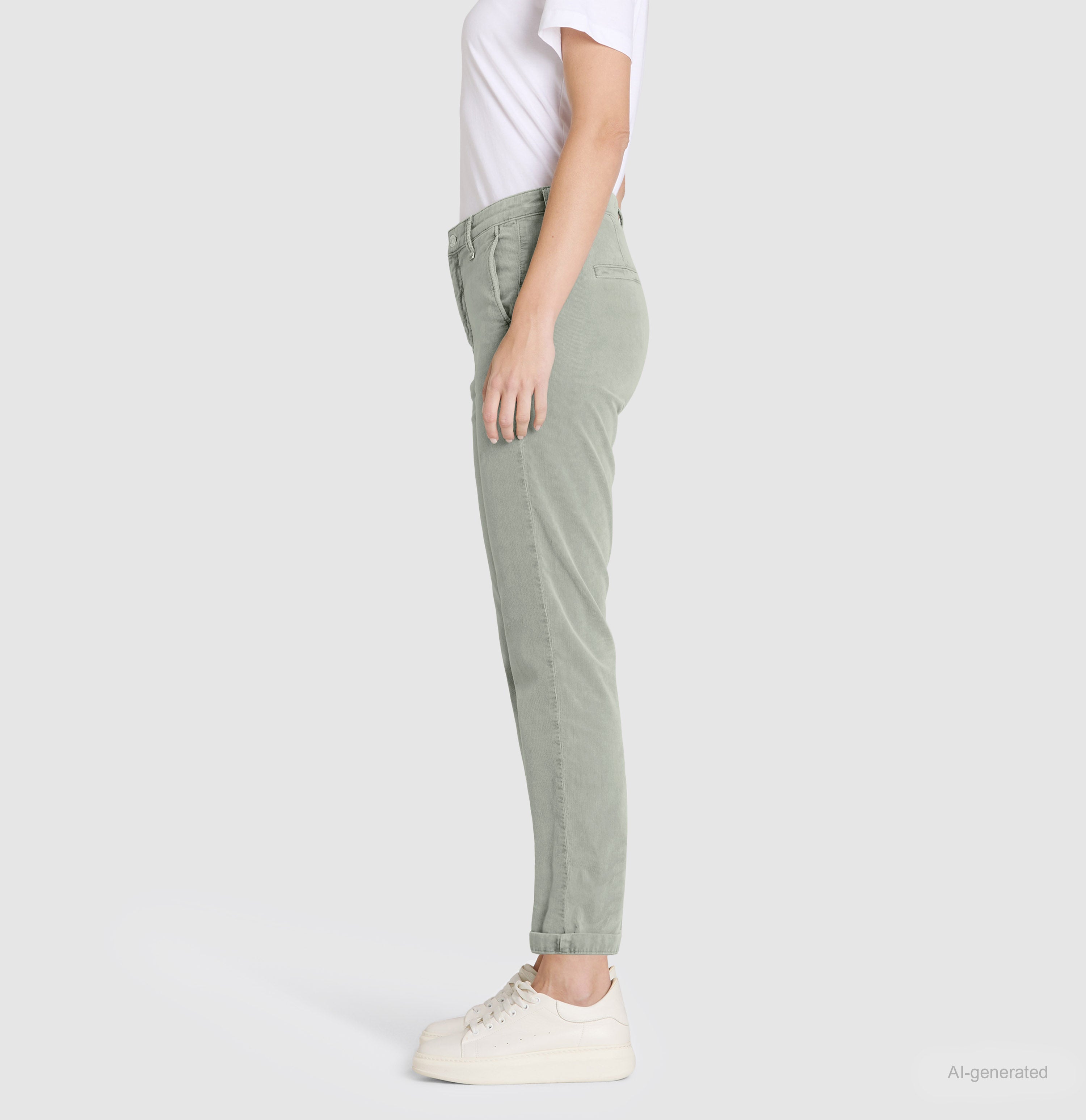 Slim chino made of baby corduroy in brilliant colours. | CHINO turn up | thyme | Side view of model