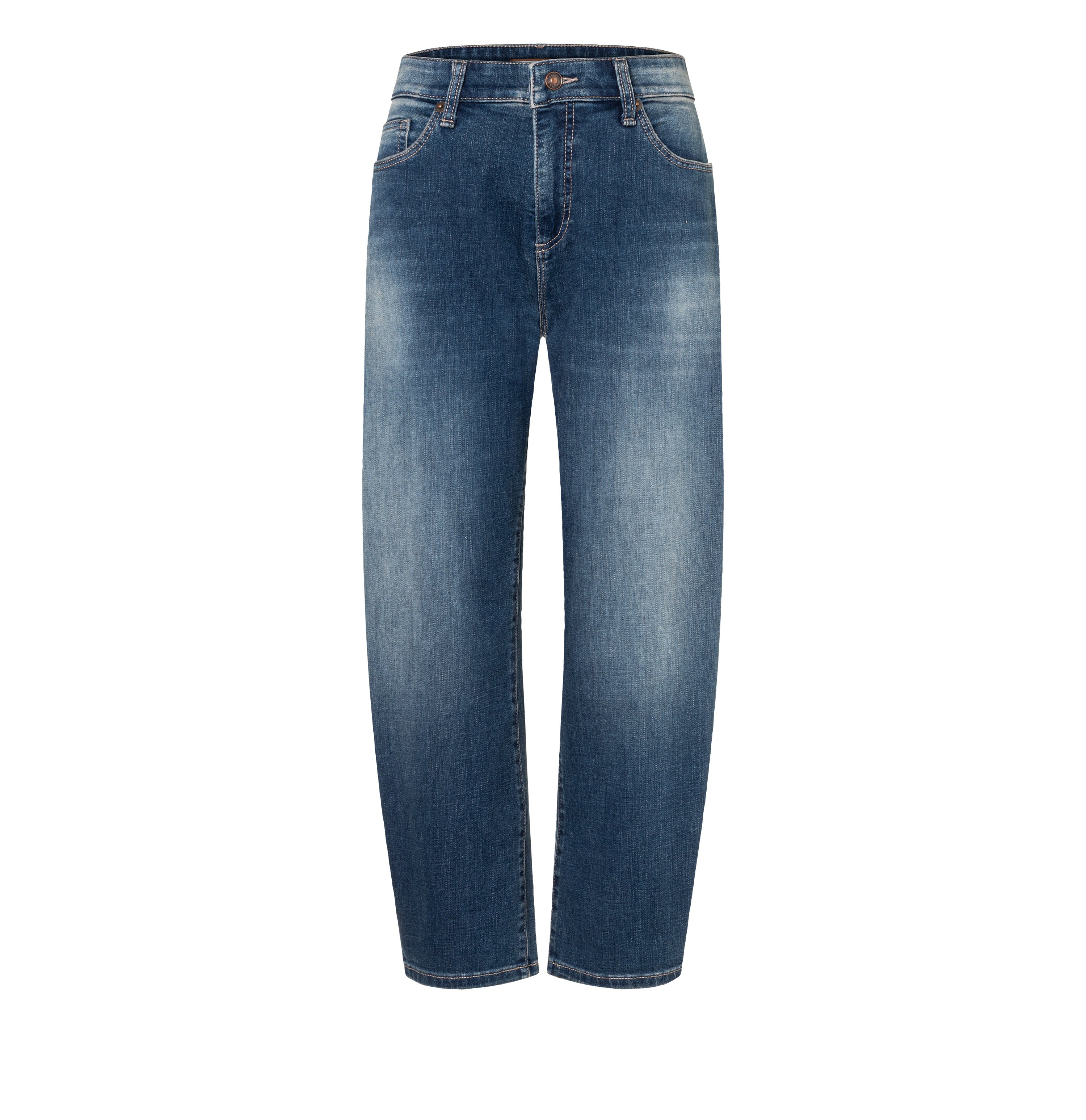 Barrel jeans in a light lyocell blend. | DANNI | stormy midblue brown | Front view of bust