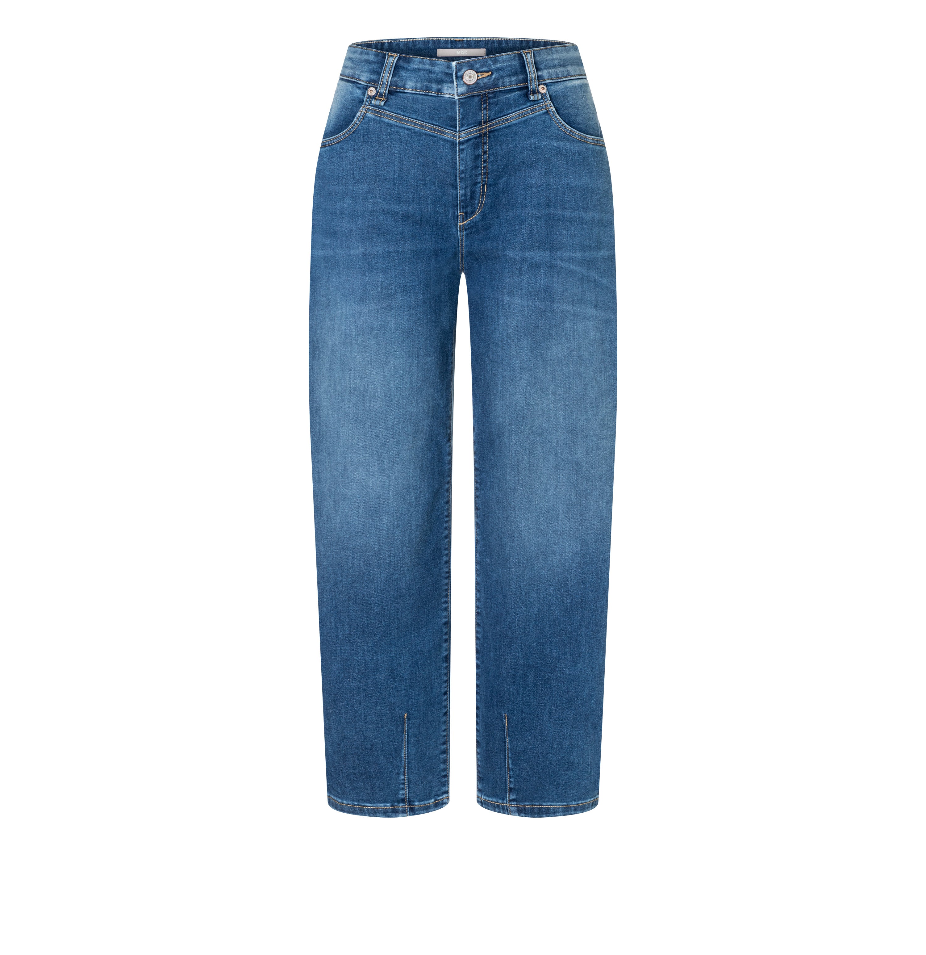 Barrel jeans with modern seam details. | BOBBIE | mid blue use washed | Front view of bust