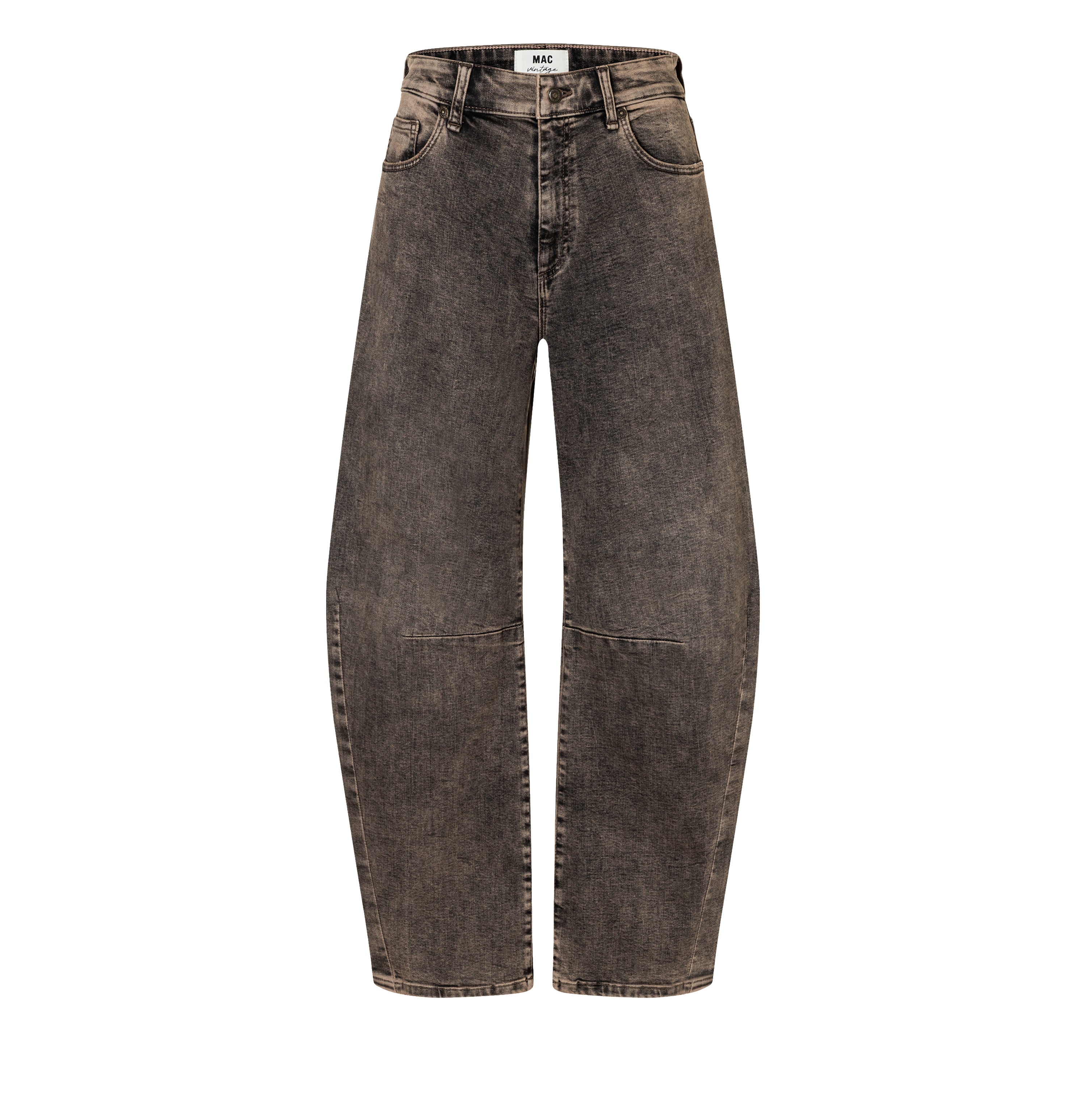 Modern barrel jeans with higher waist. | DAKOTA Barrel | brown crincle wash | Front view of bust
