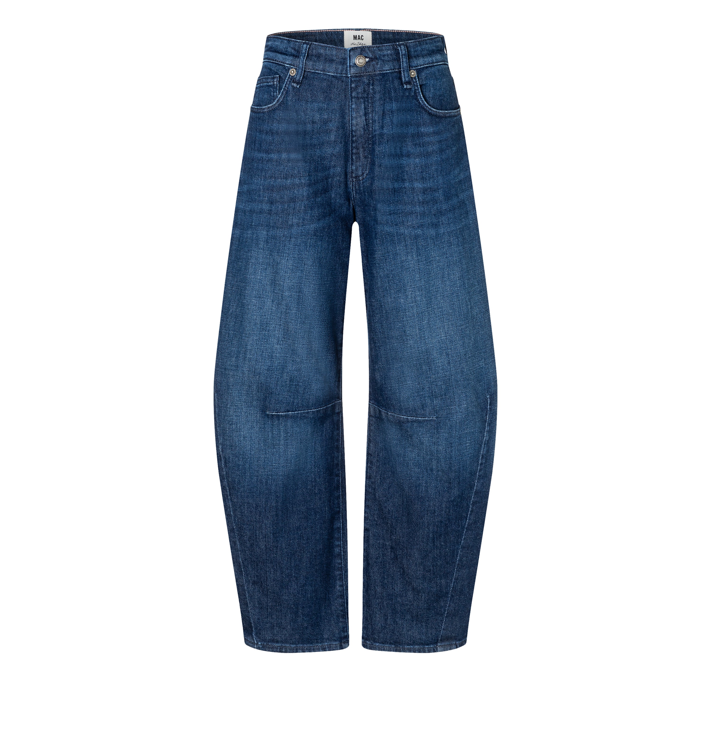 Modern barrel jeans with higher waist. | DAKOTA Barrel | blue mended wash | Front view of bust
