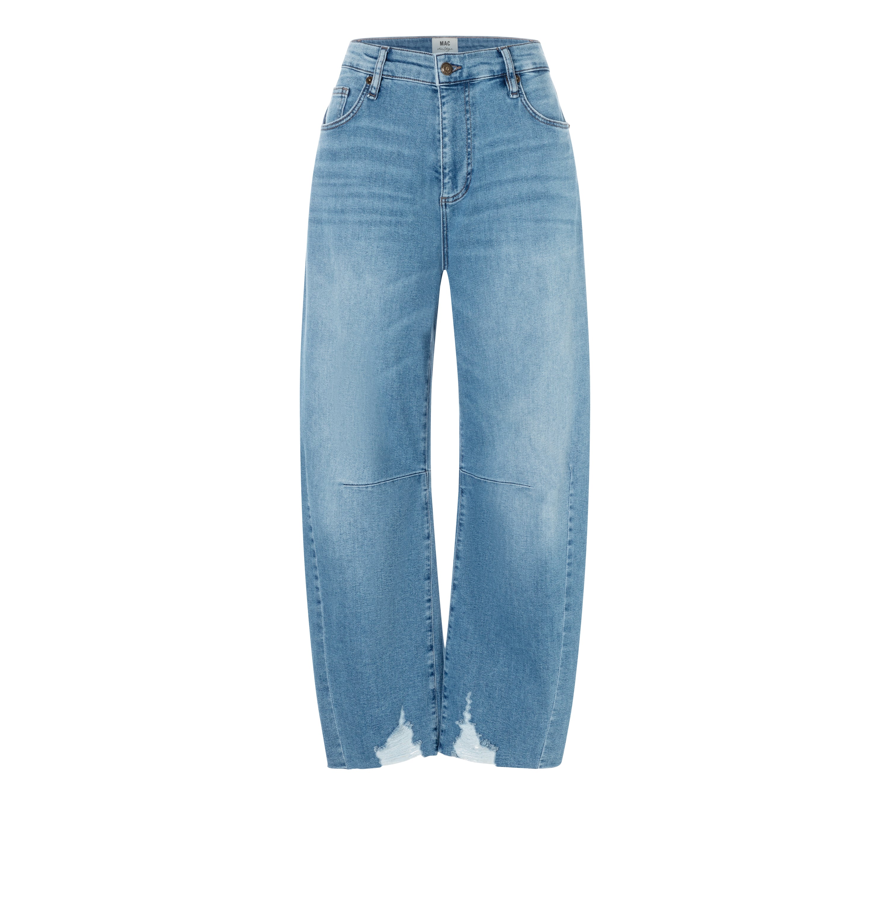 Barrel jeans with high waist. | DAKOTA fringe | destroyed lake blue | Front view of bust