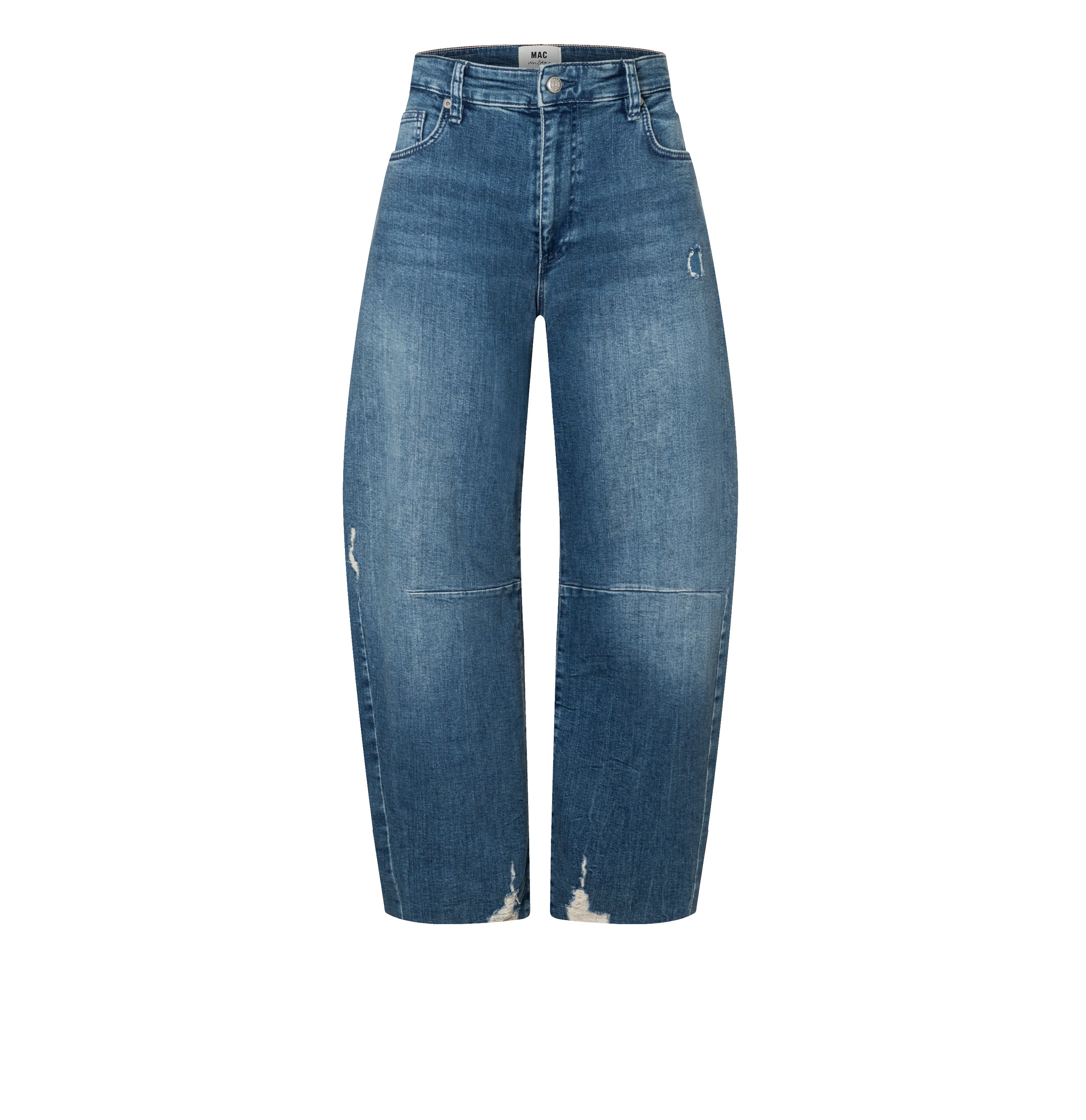Casual barrel jeans with a vintage look. With high waist. | DAKOTA fringe | patched snazzy midblue | Front view of bust
