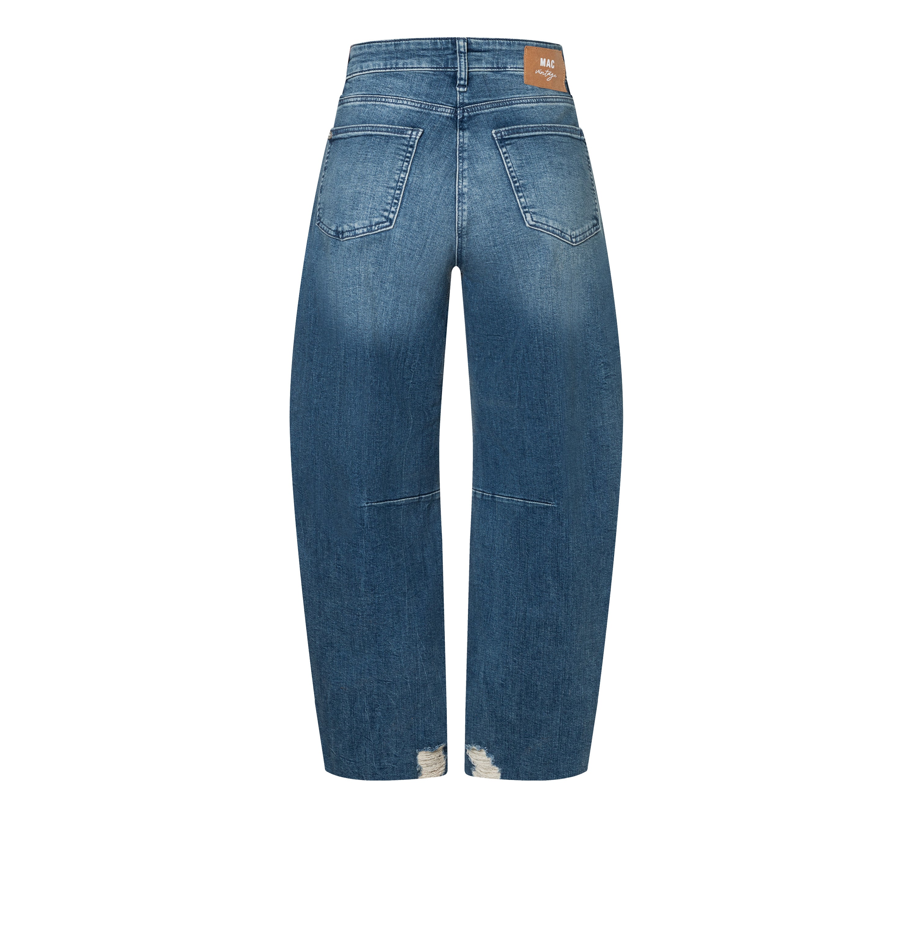 Casual barrel jeans with a vintage look. With high waist. | DAKOTA fringe | patched snazzy midblue | Back view of bust