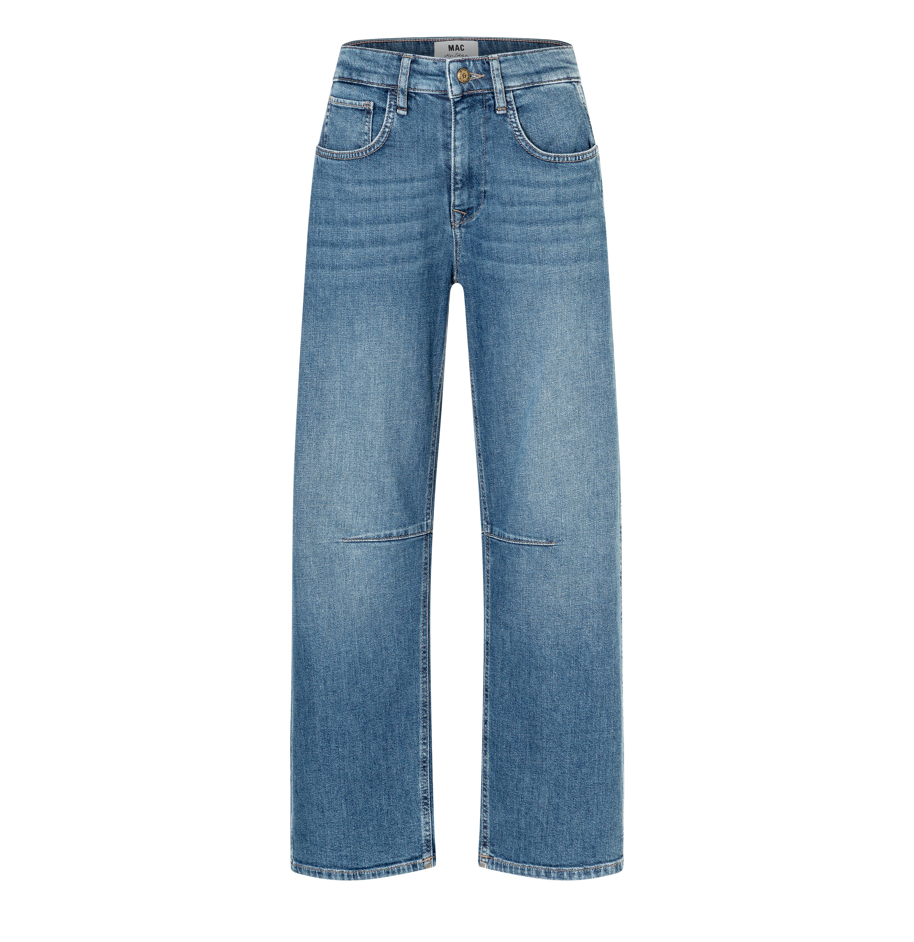 Loose fit made from comfort vintage denim. | OHIO Barrel | mid blue use wash | Front view of bust