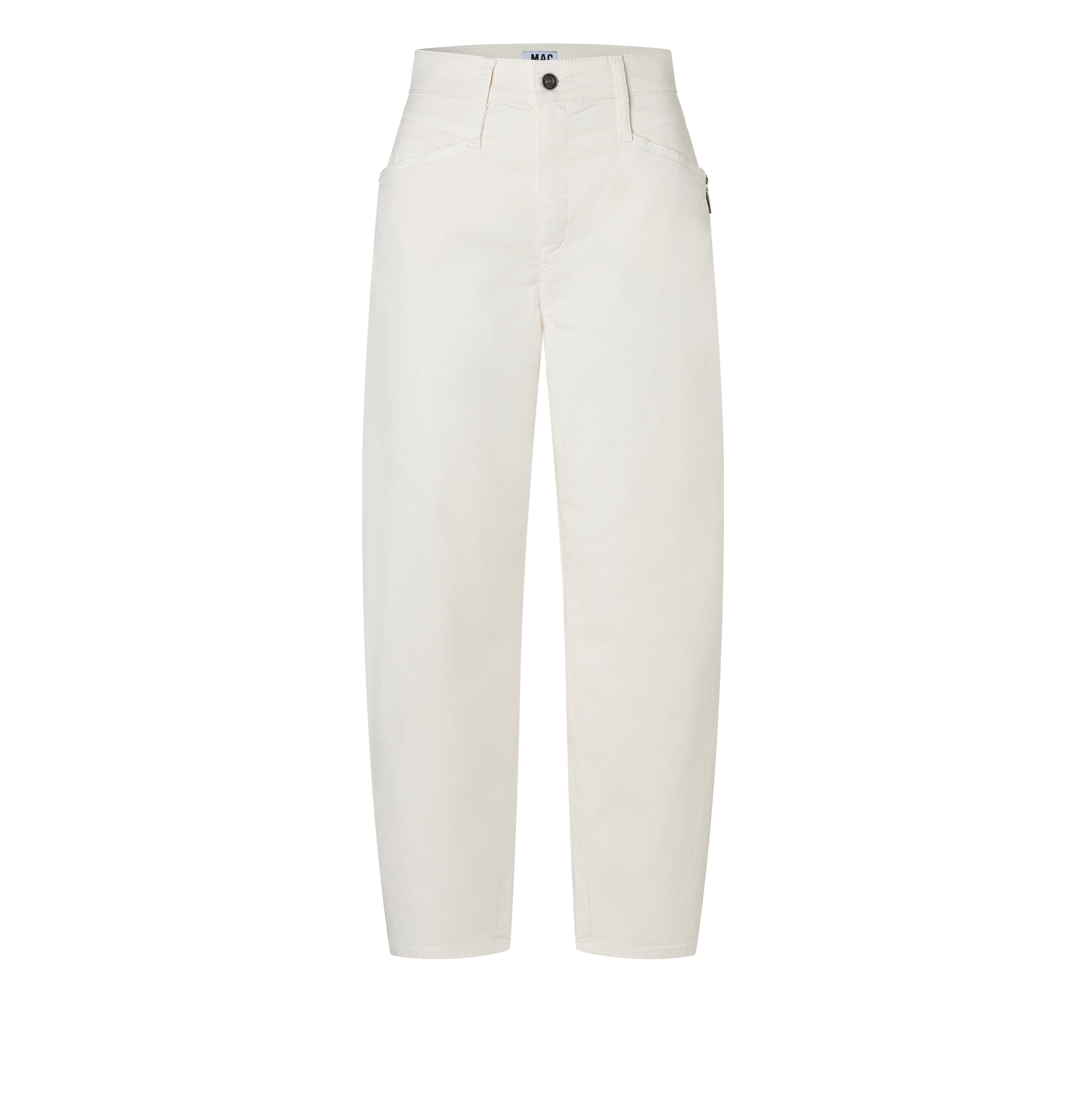 Barrel trousers with modern zip detail. | BORA 2.3 zip | antique white PPT | Front view of bust