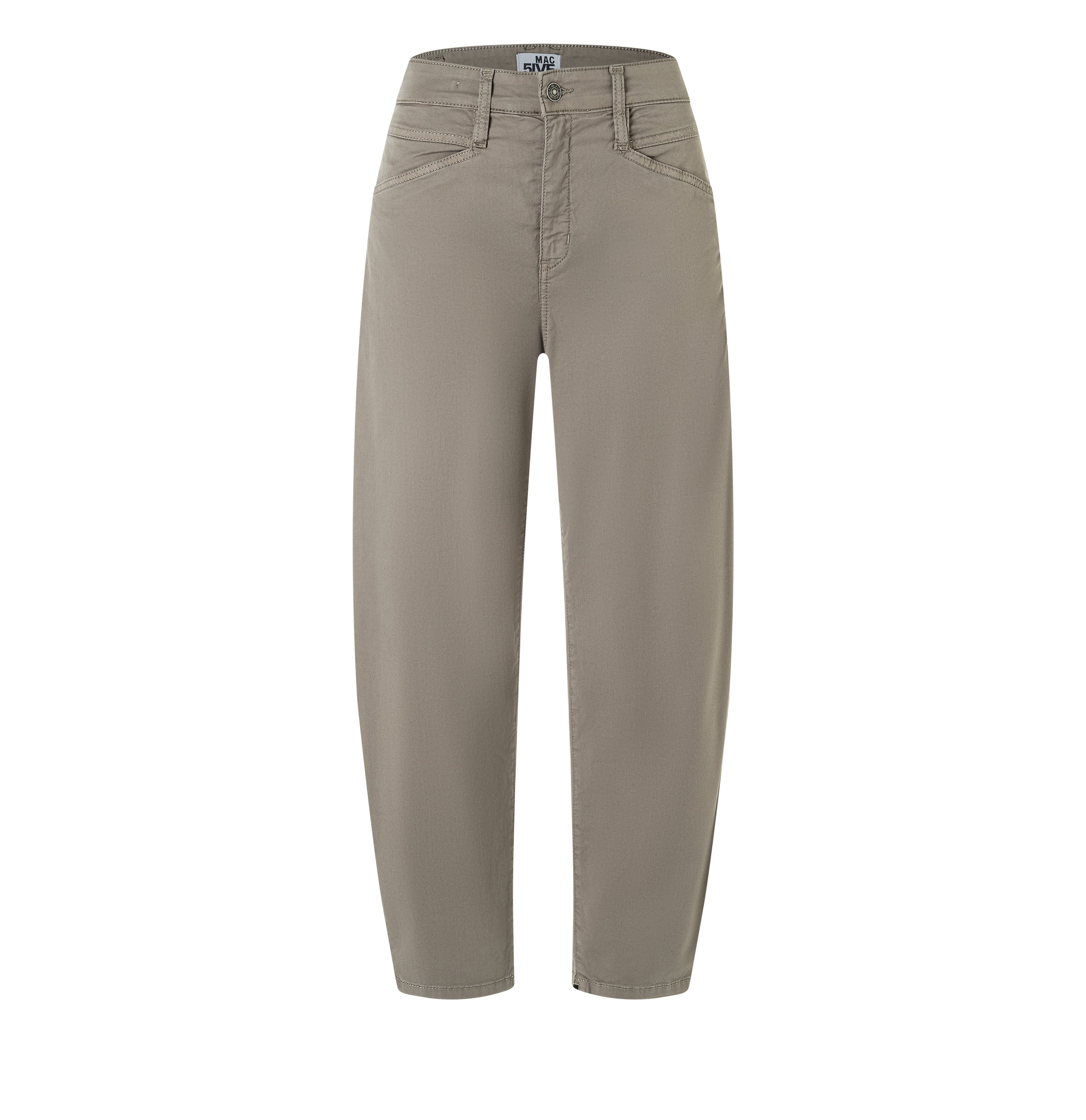 Barrel trousers with modern zip detail. | BORA 2.3 zip | mat green antique | Front view of bust