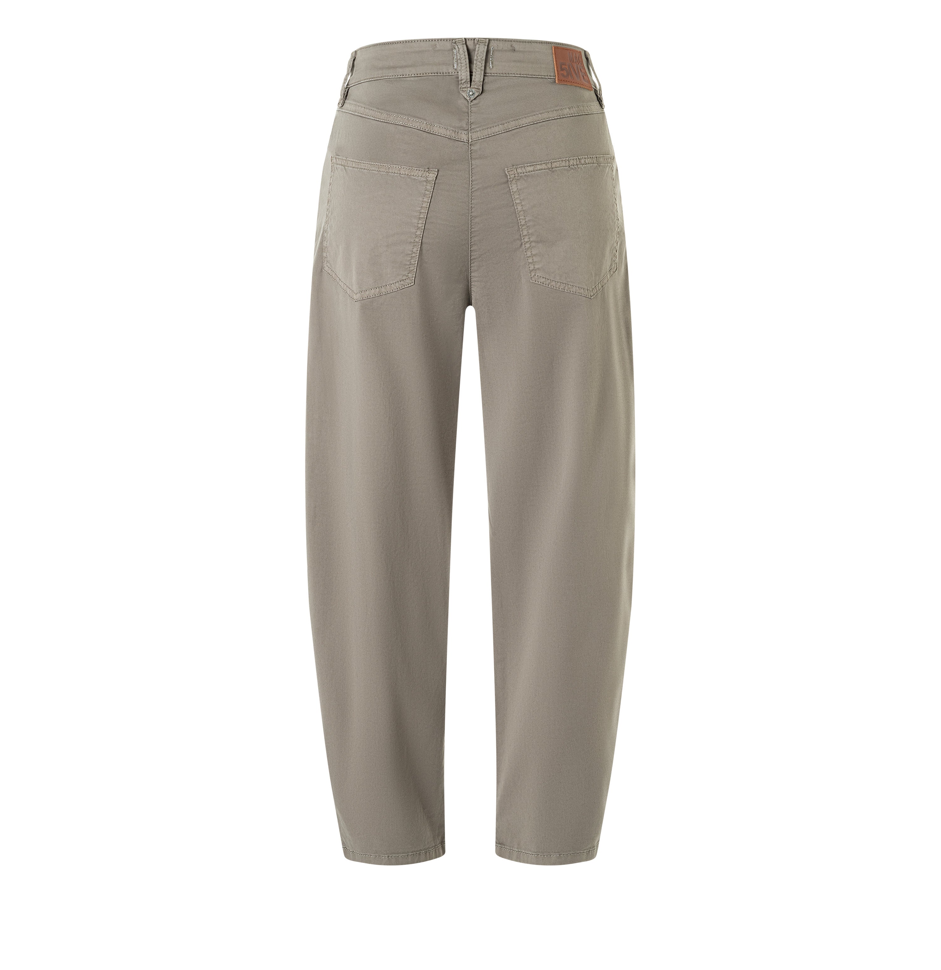 Barrel trousers with modern zip detail. | BORA 2.3 zip | mat green antique | Back view of bust