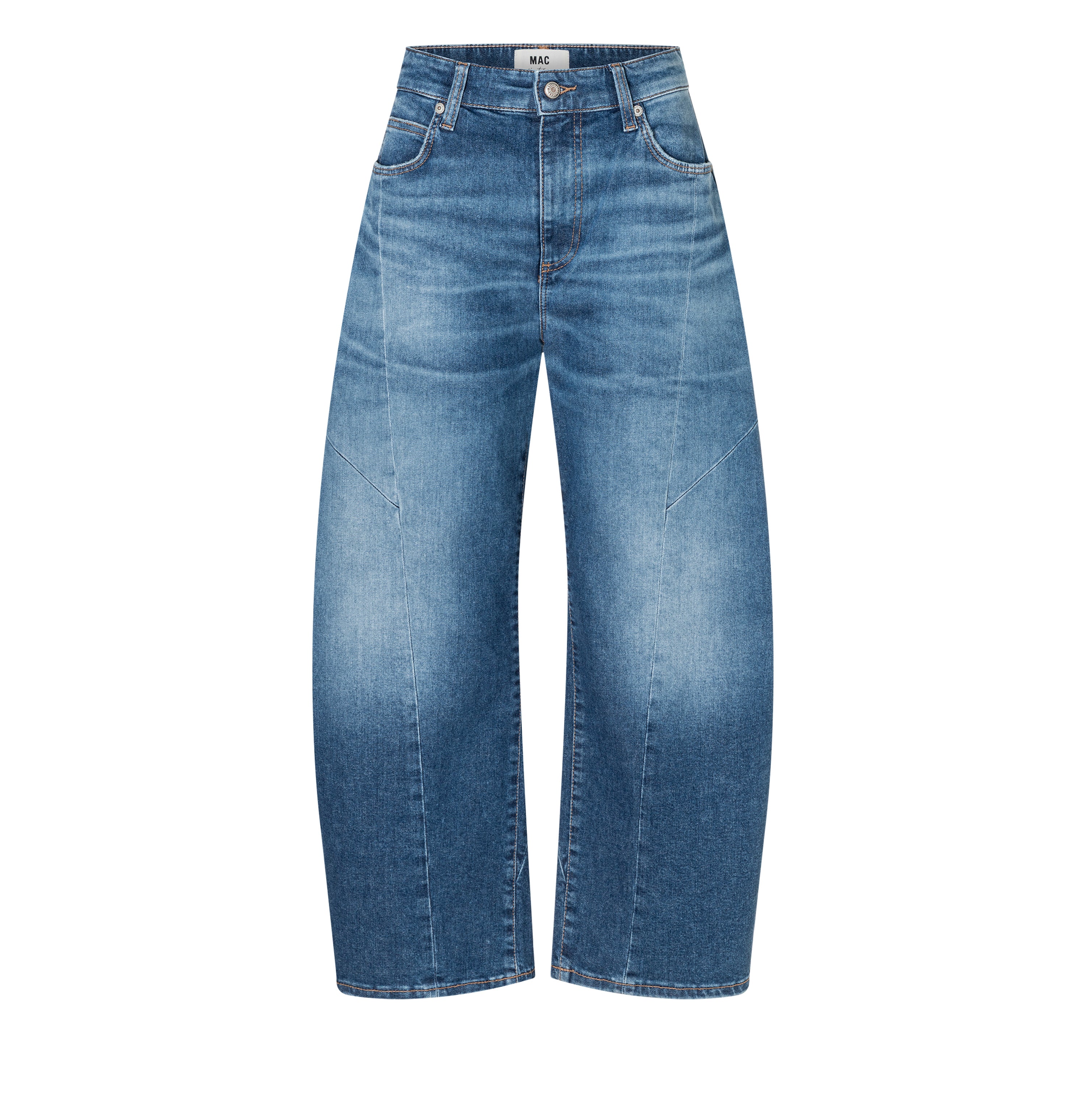 Vintage barrel jeans with seam details. | DAKOTA Barrel seam | fashion blue used | Front view of bust