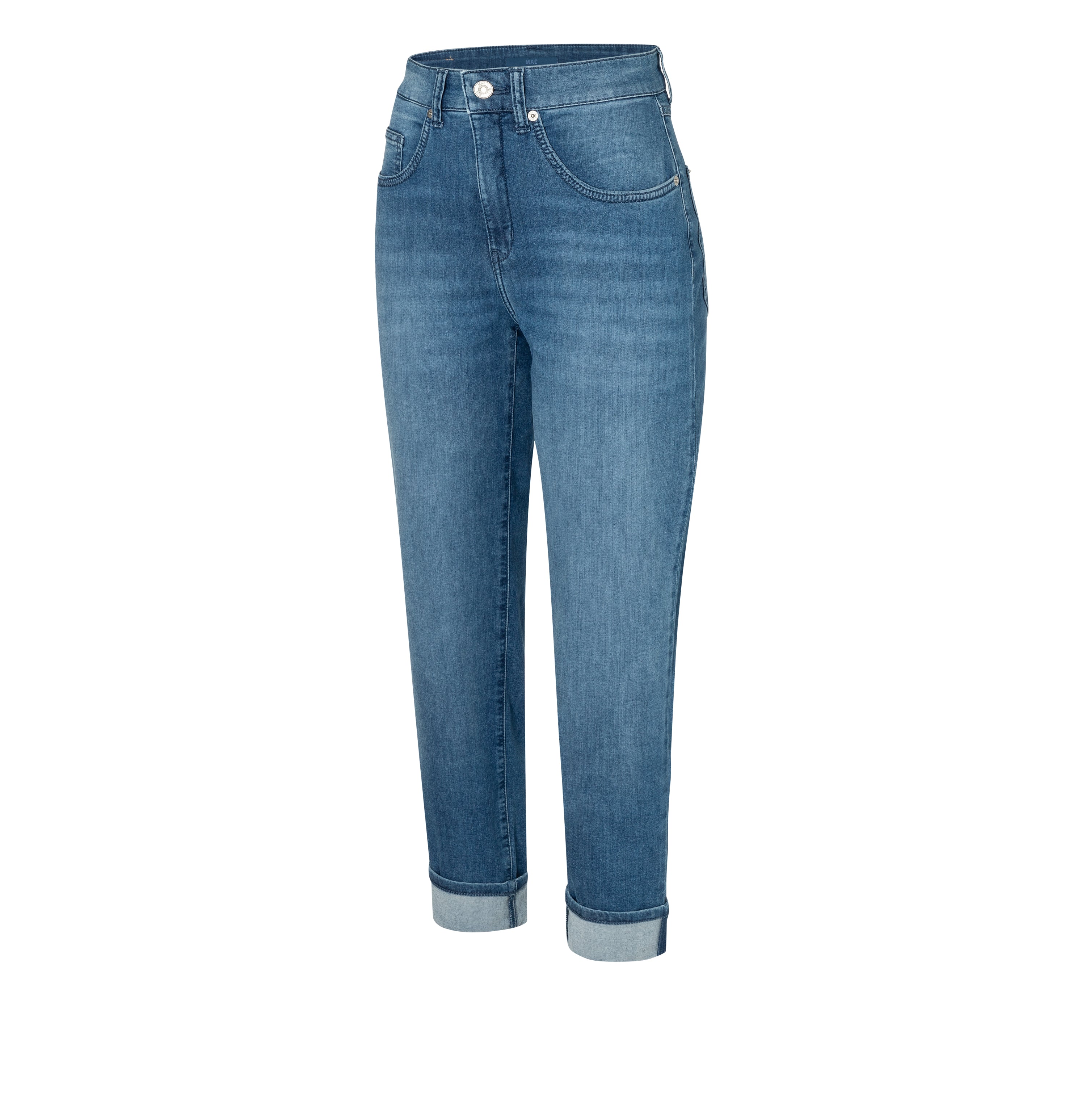 Feminine fit with high waist. Made of lightweight denim. | CAROL | summer mid blue | Oblique view of bust