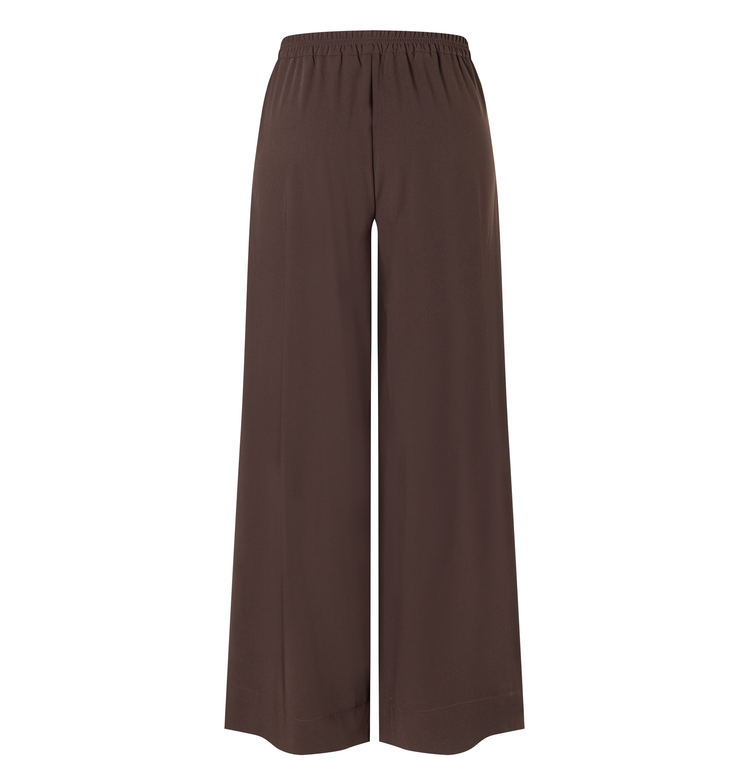 Wide, flowing trousers made of floating crepe. | CORALIE | truffle brown | Back view of bust
