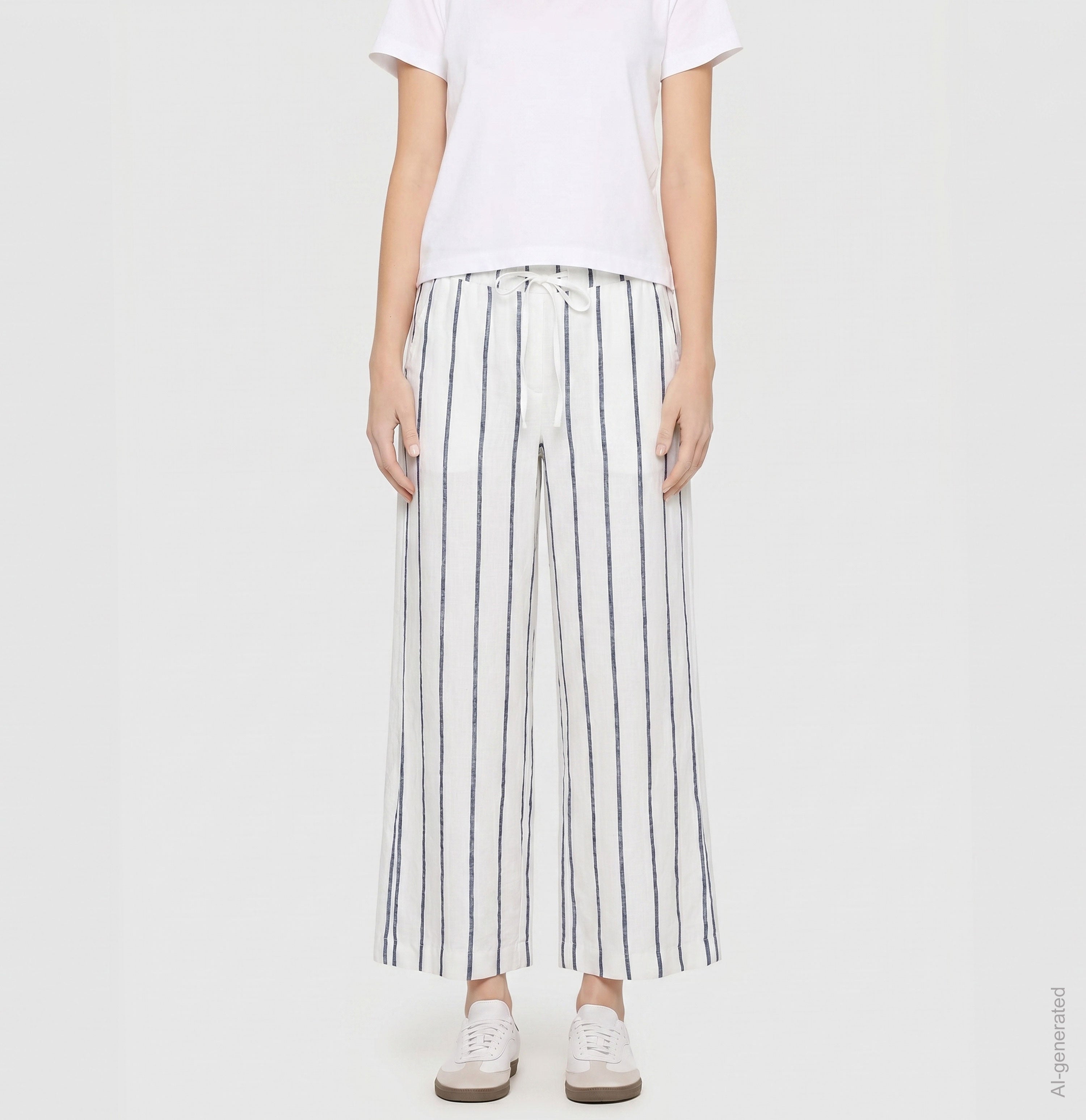 Wide culotte made of pure linen. | CALLIE cropped | marine stripes | Front view of model