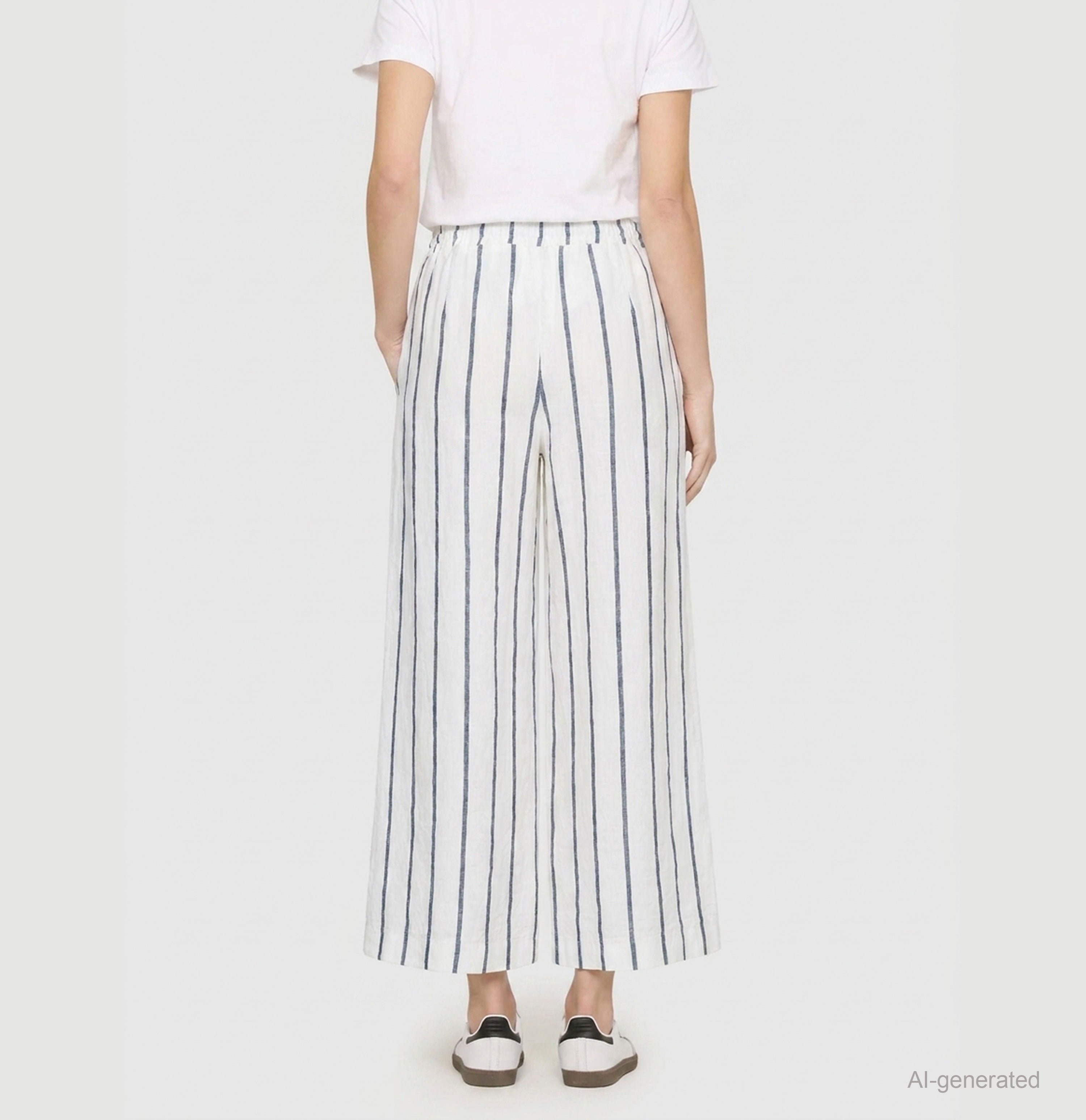 Wide culotte made of pure linen. | CALLIE cropped | marine stripes | Back view of model