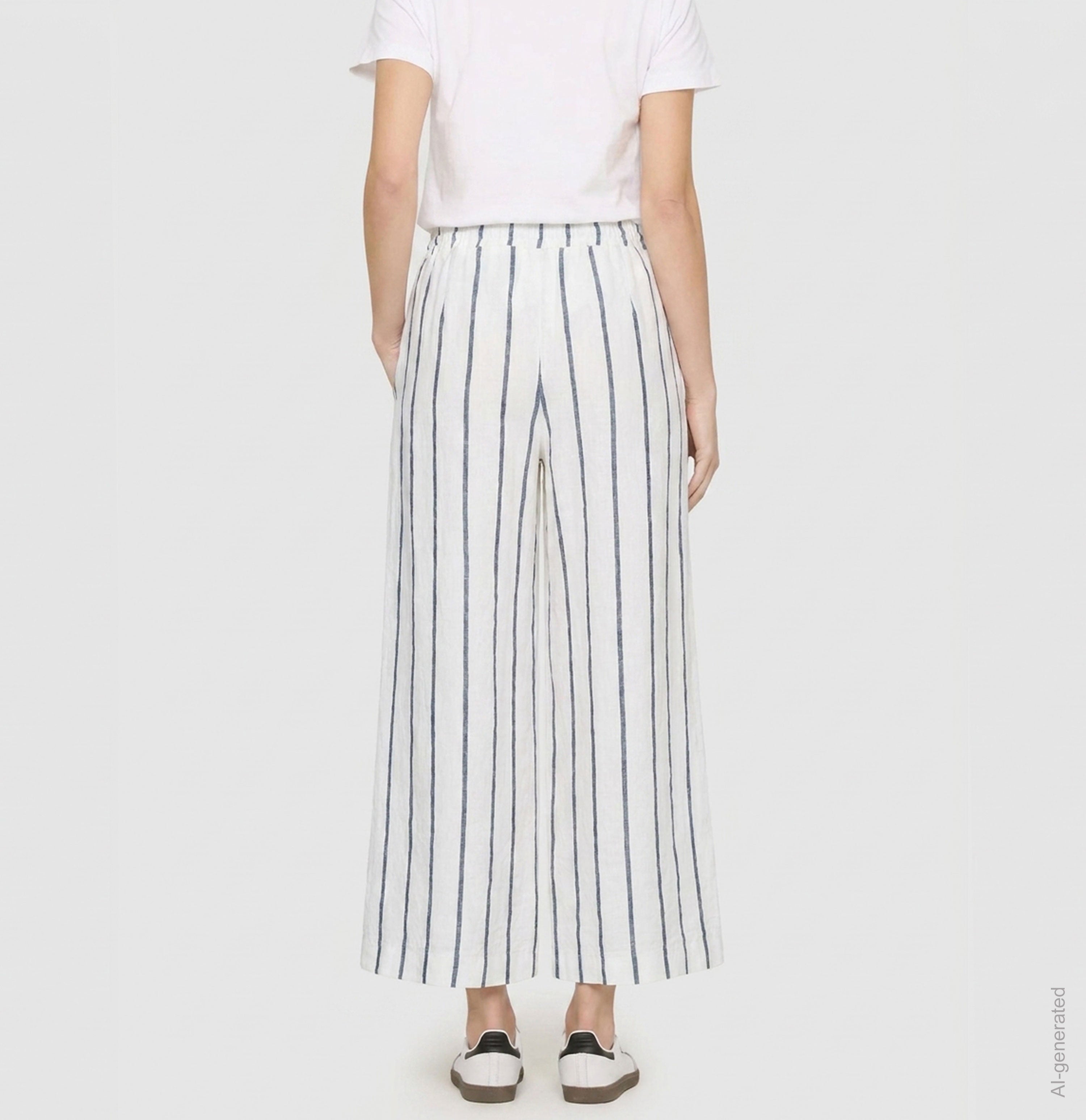 Wide culotte made of pure linen. | CALLIE cropped | marine stripes | Back view of model