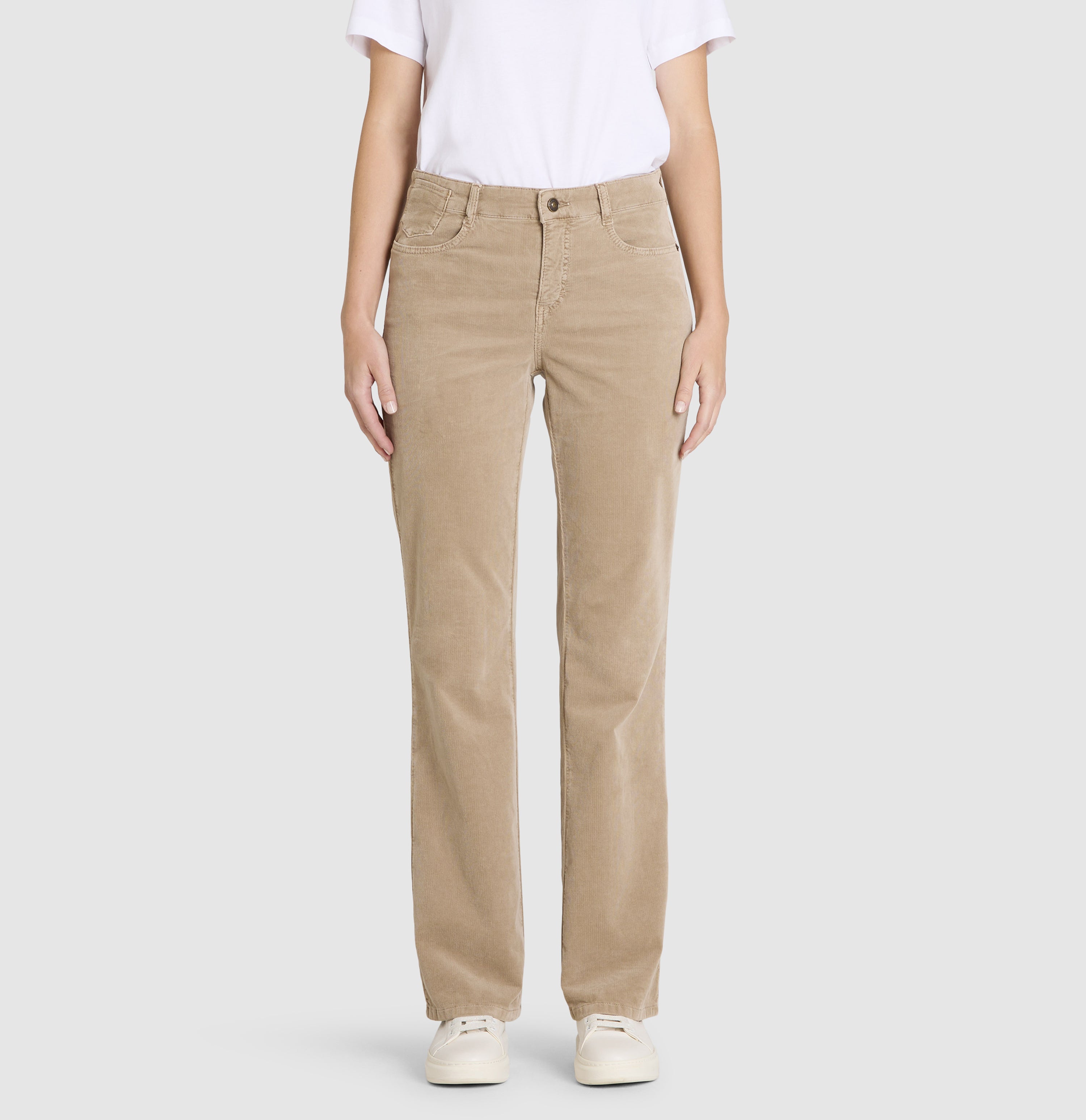 Rhinestone-studded boot cut trousers made of wide wale corduroy. | LAURA | windspray beige | Front view of model