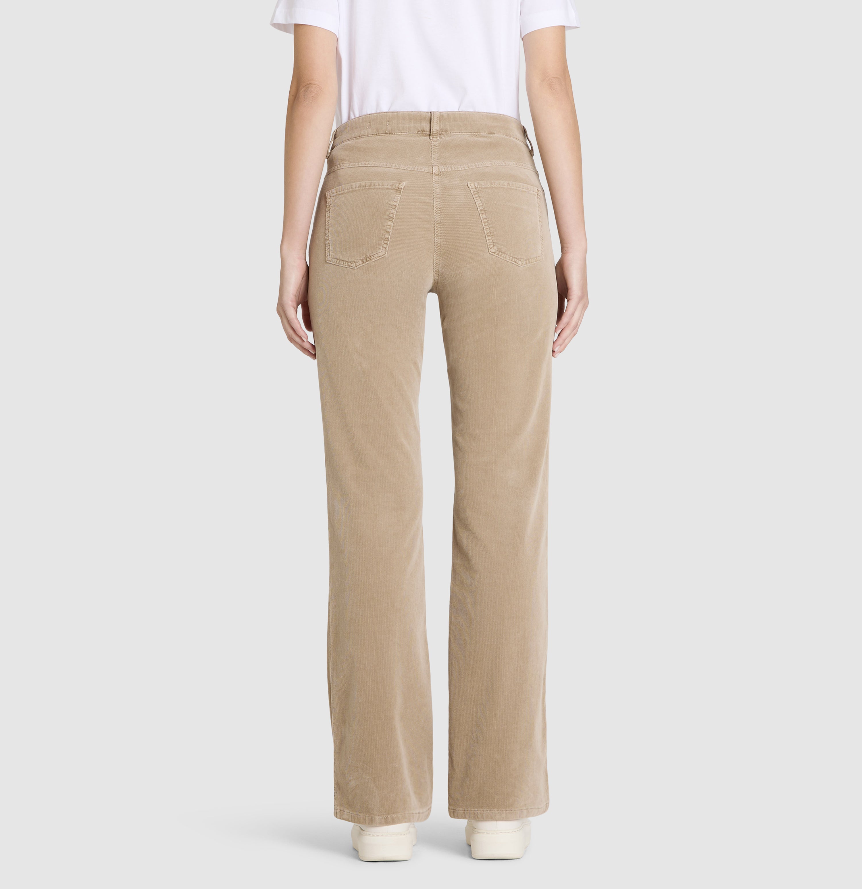 Rhinestone-studded boot cut trousers made of wide wale corduroy. | LAURA | windspray beige | Back view of model
