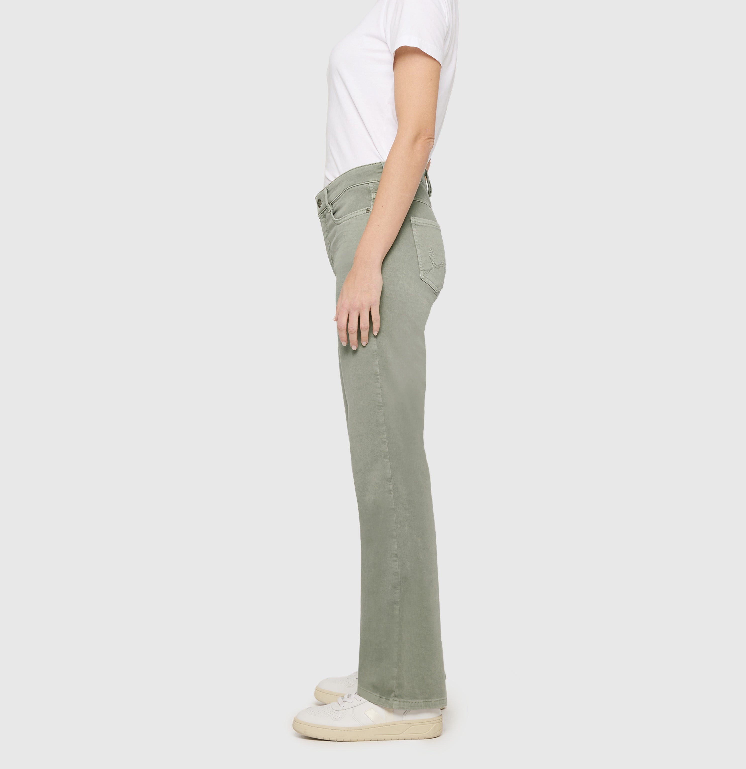 Flared fit made from high-stretch gabardine. | LAURA | dried rosemary | Side view of model