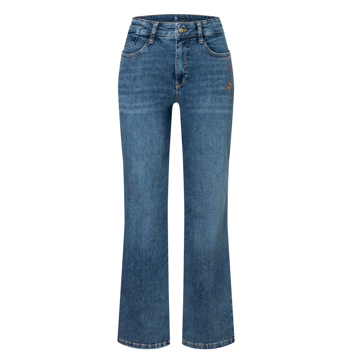 Flared jeans with modern details. | LAURA PEACE | authentic tinted wash | Front view of bust