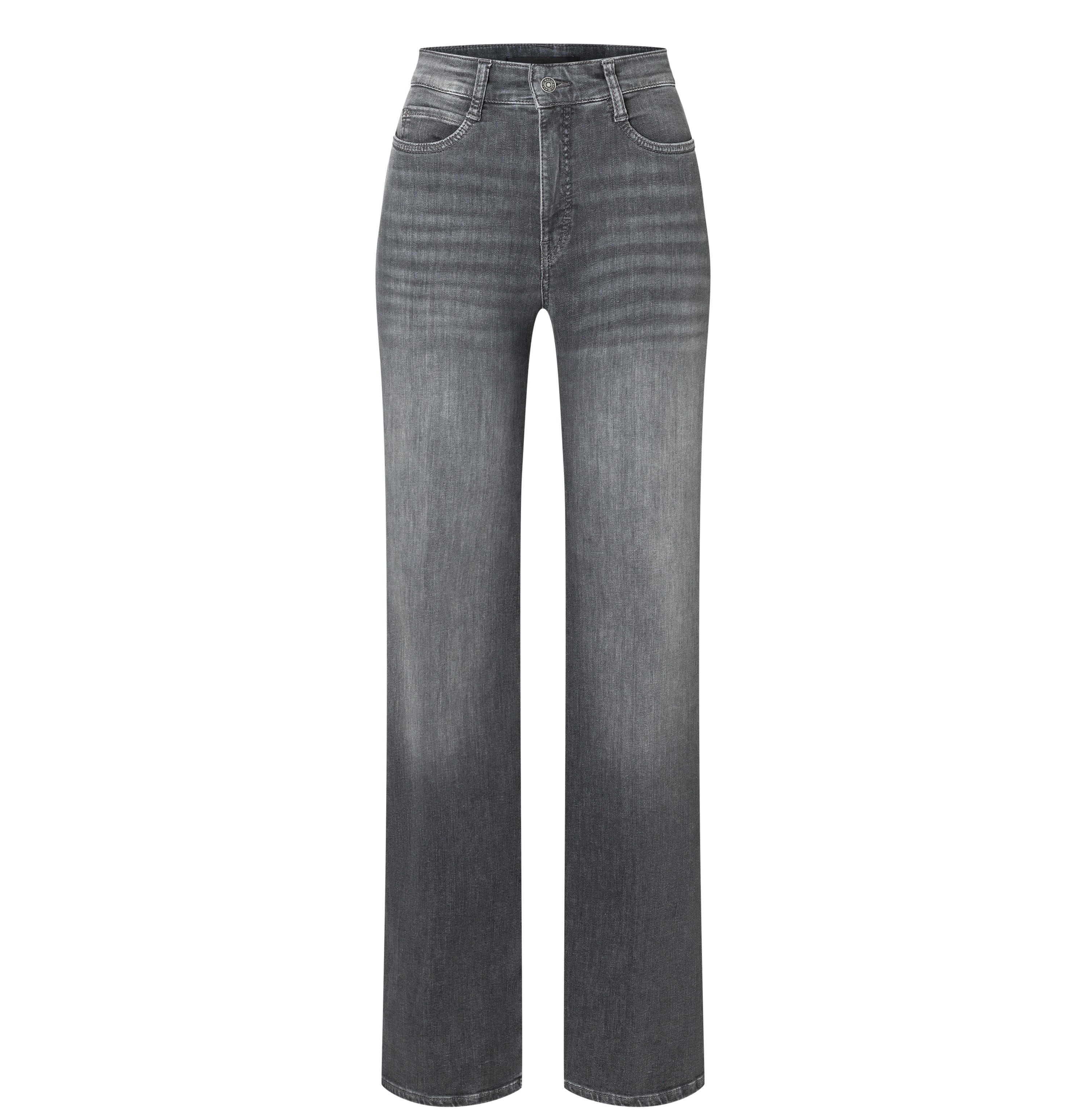 Wide jeans with fine creases. | WIDE | grey heavy used wash | Front view of bust