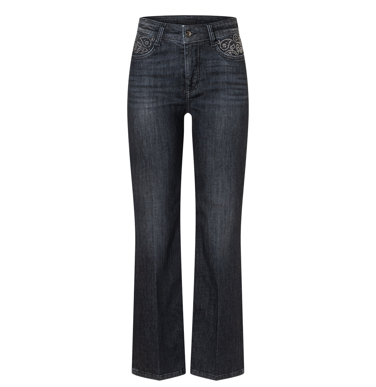 Flared jeans with rhinestone and rivet details. | LAURA paisley glam | commercial black wash | Front view of bust