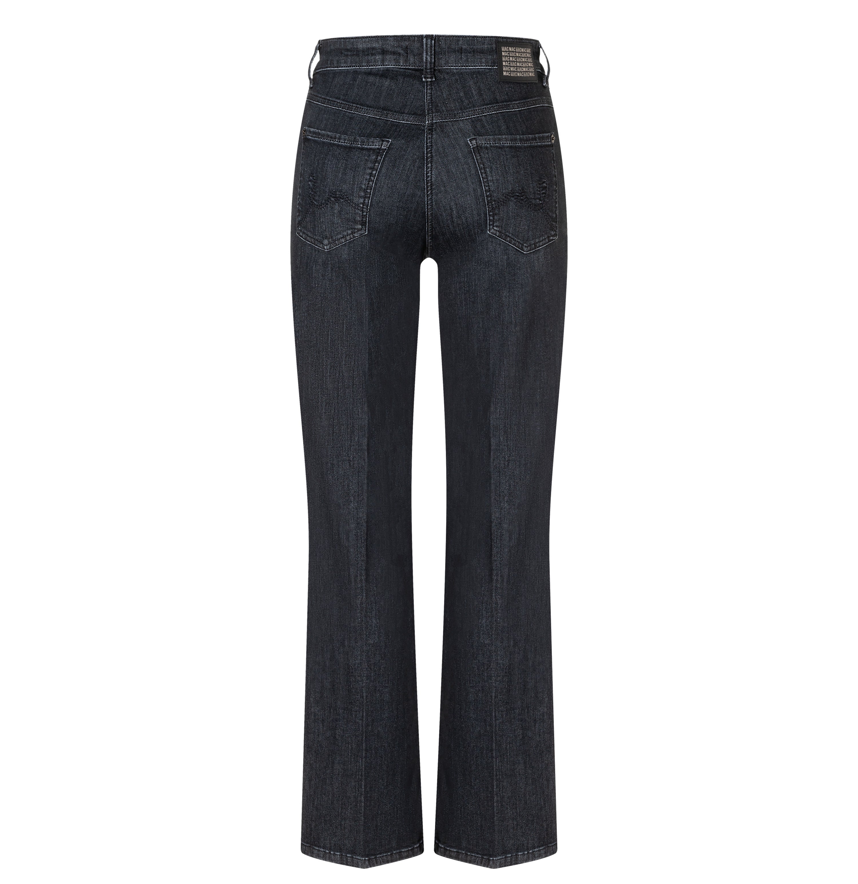 Flared jeans with rhinestone and rivet details. | LAURA paisley glam | commercial black wash | Back view of bust