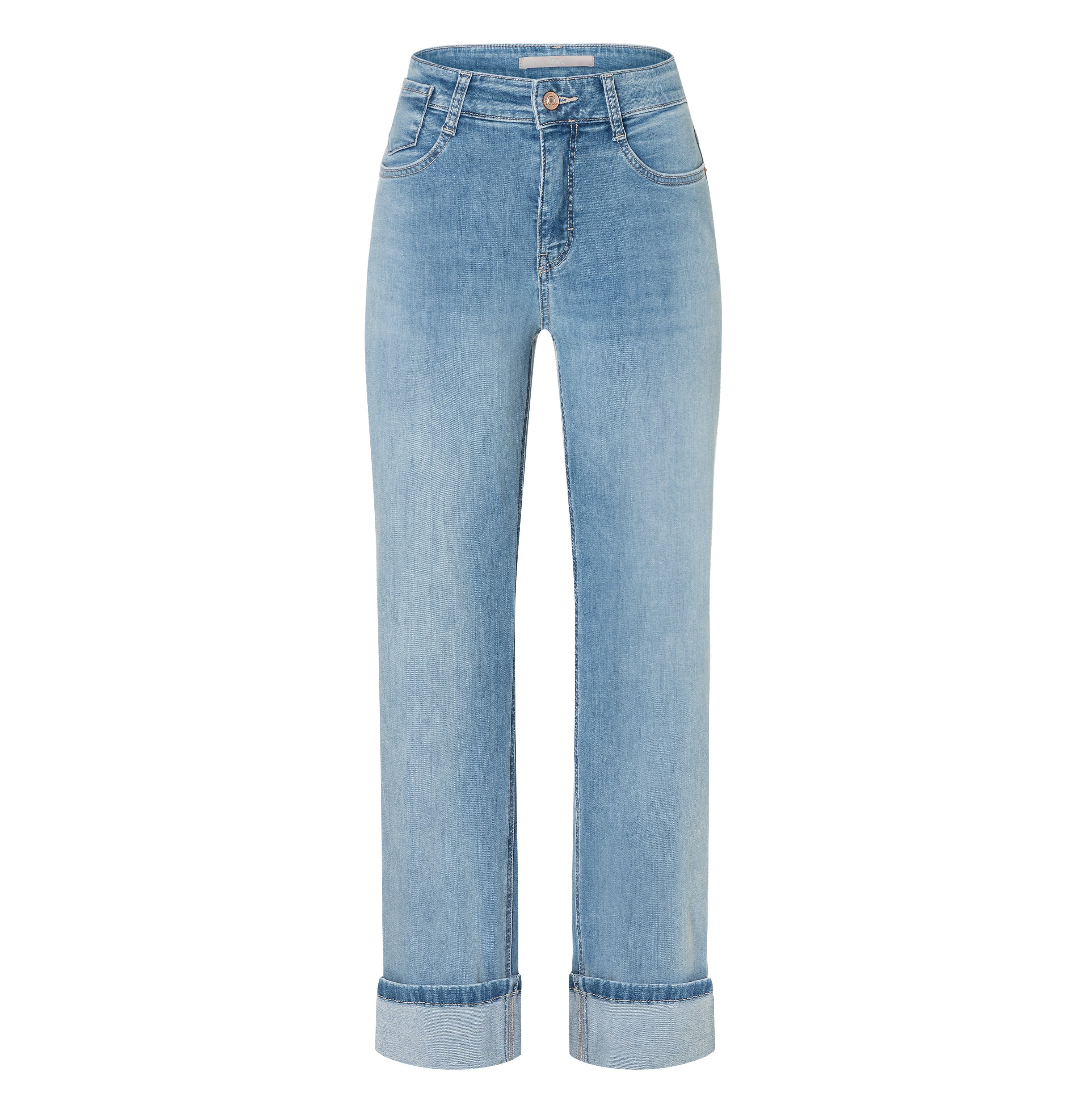 Straight jeans with turned-up hem. | LAURA turn up | calm light blue used | Front view of bust