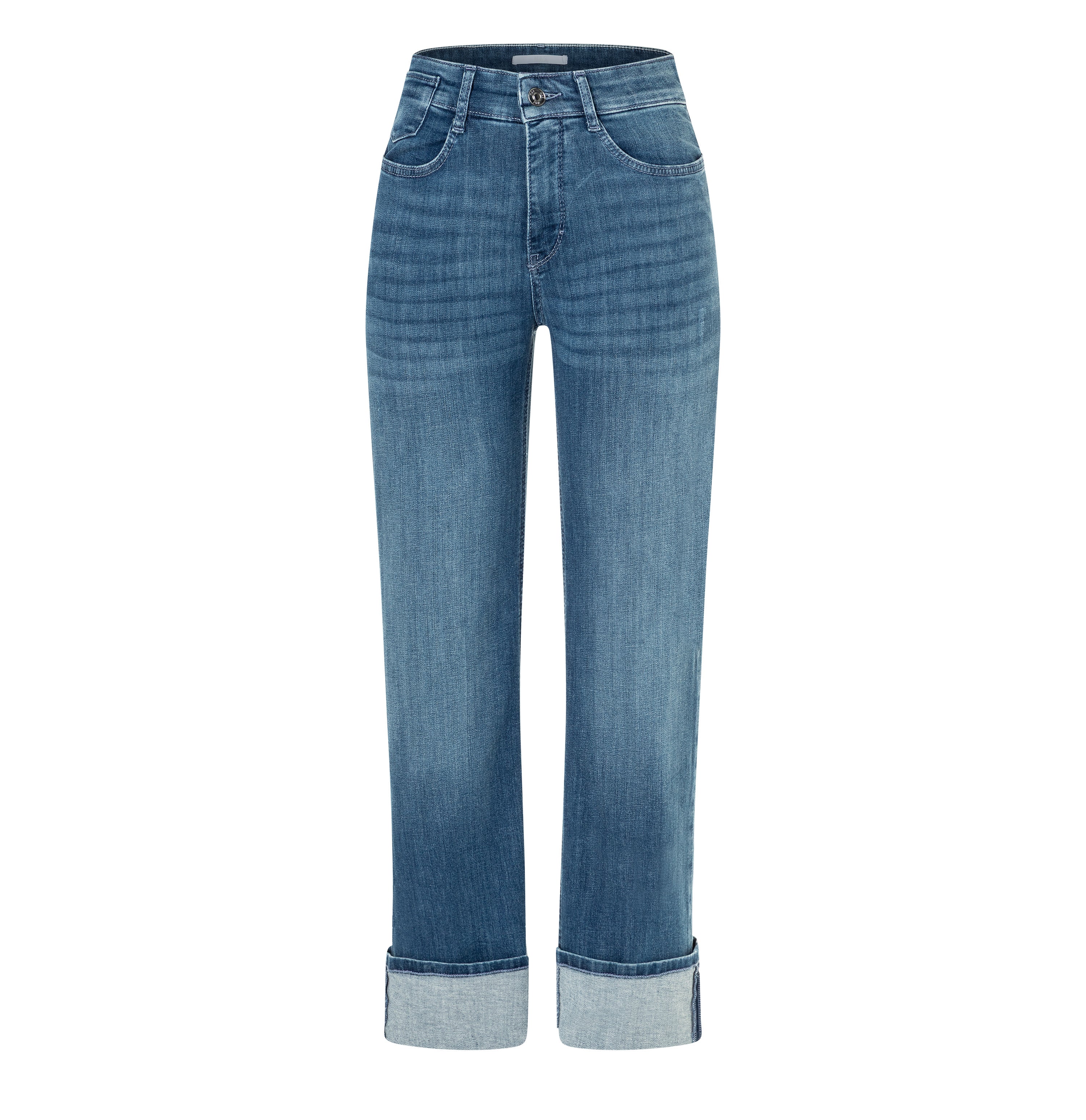 Straight jeans with turned-up hem. | LAURA turn up | petrolblue basic wash | Front view of bust