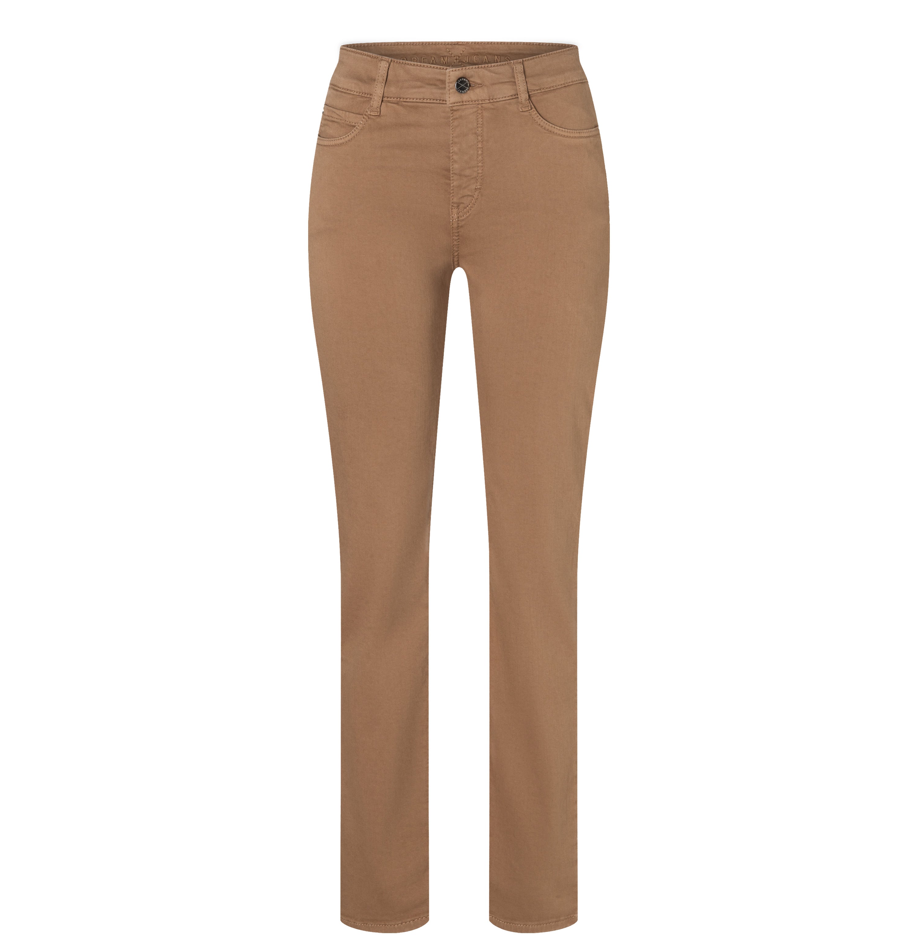 Straight fit made from hyper stretch denim. | DREAM | light cognac PPT | Front view of bust
