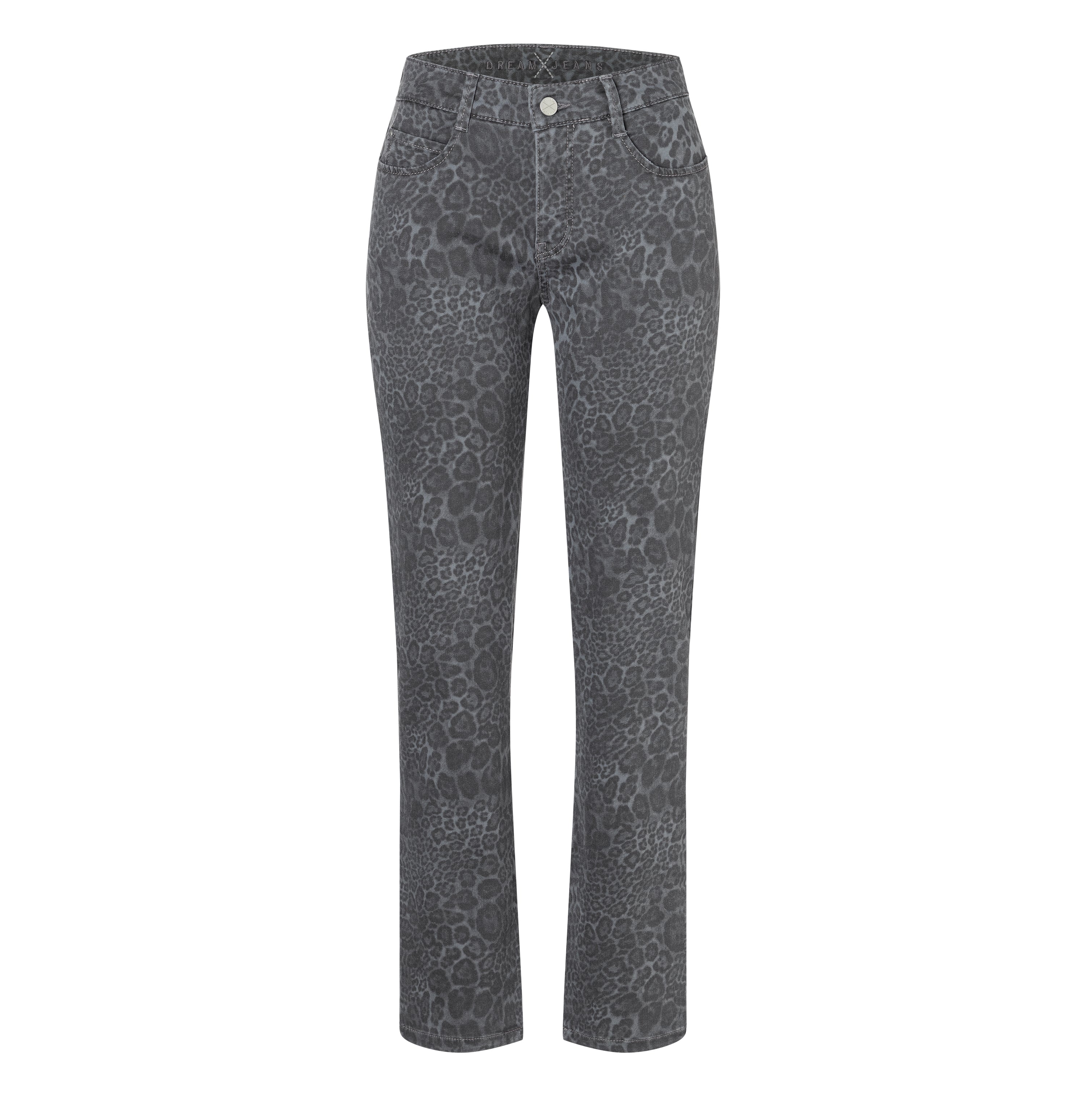 Figure-shaping hyper stretch jeans with leopard pattern. | DREAM | granite leo | Front view of bust