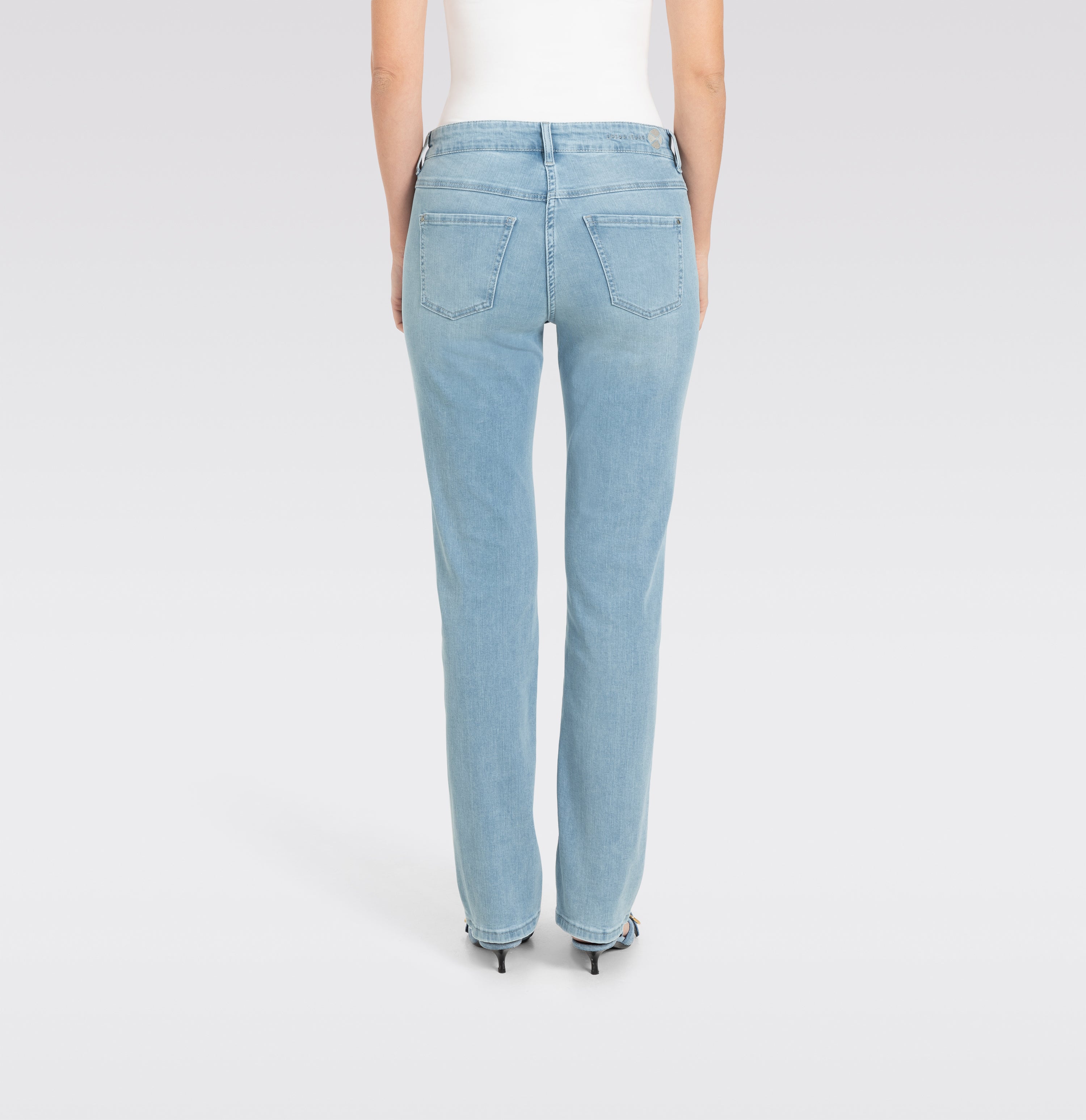 Straight jeans with shaping effect. | DREAM | aqua blue random wash | Back view of model