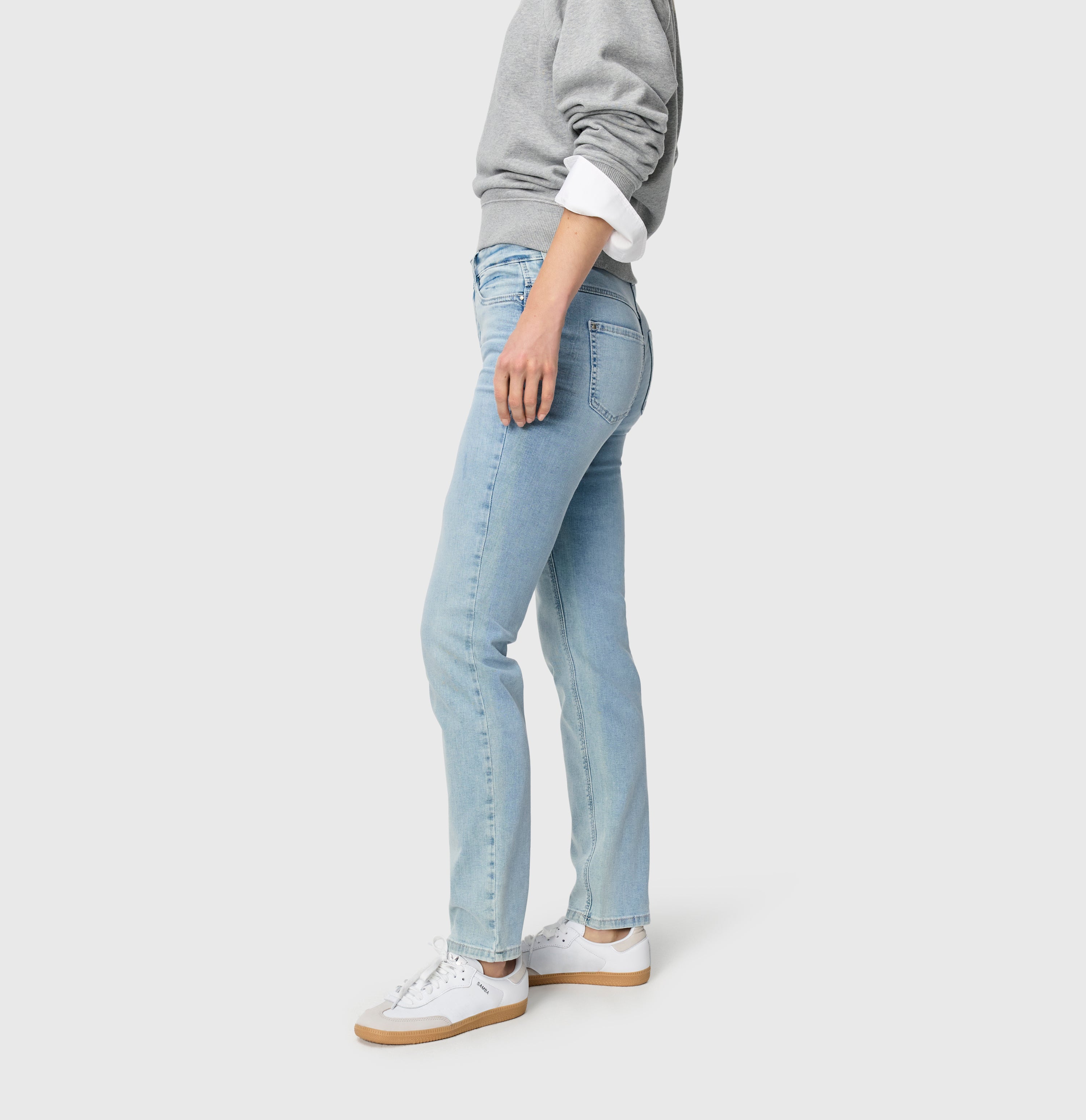 Straight fit jeans with innovative shaping effect. | DREAM | aqua blue random wash | Side view of model