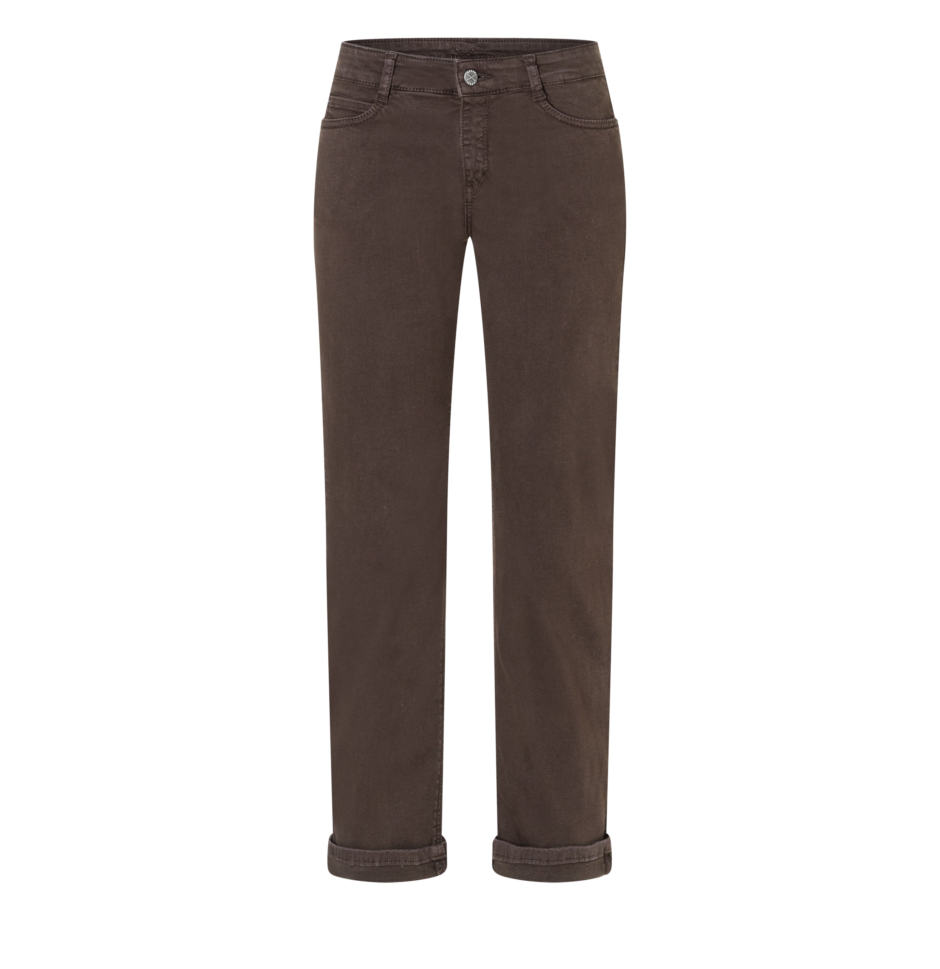 Straight hyper stretch jeans with turn-up. | DREAM cropped | deep brown PPT | Front view of bust