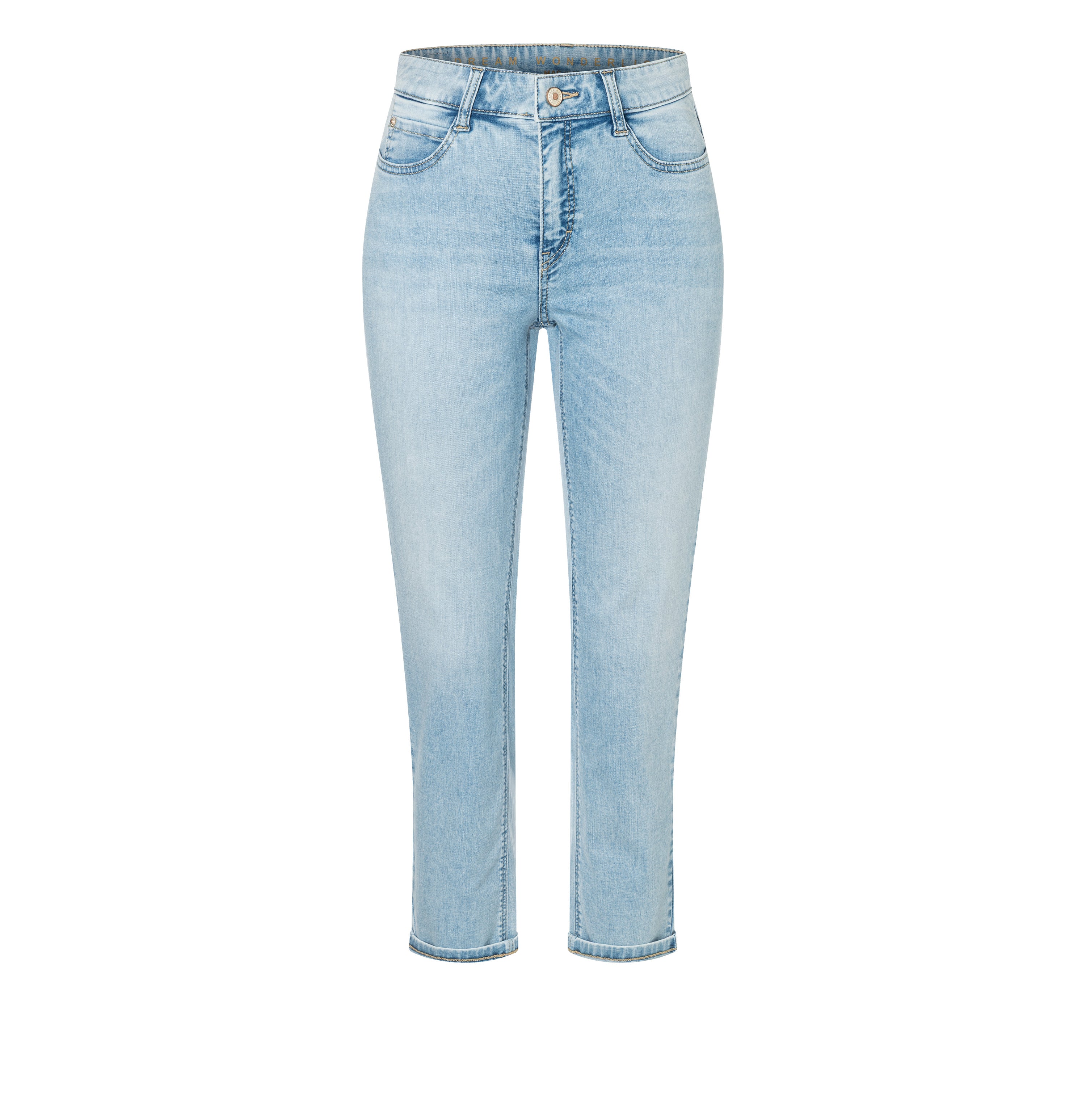 Figure-shaping, straight jeans with turn-up. | DREAM cropped | light azure blue | Front view of bust
