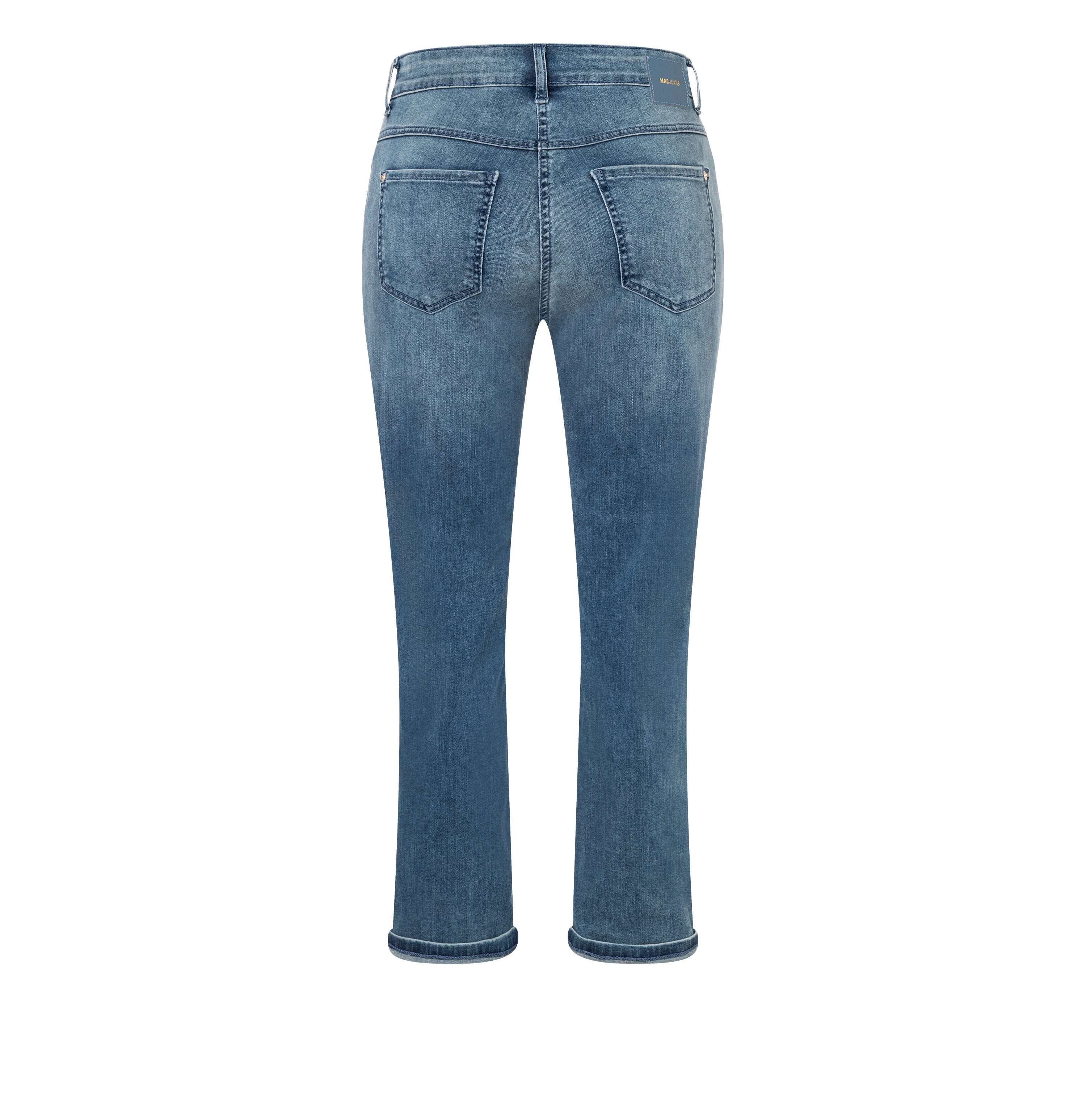 Figure-shaping, straight jeans with turn-up. | DREAM cropped | mid light blue wash | Back view of bust