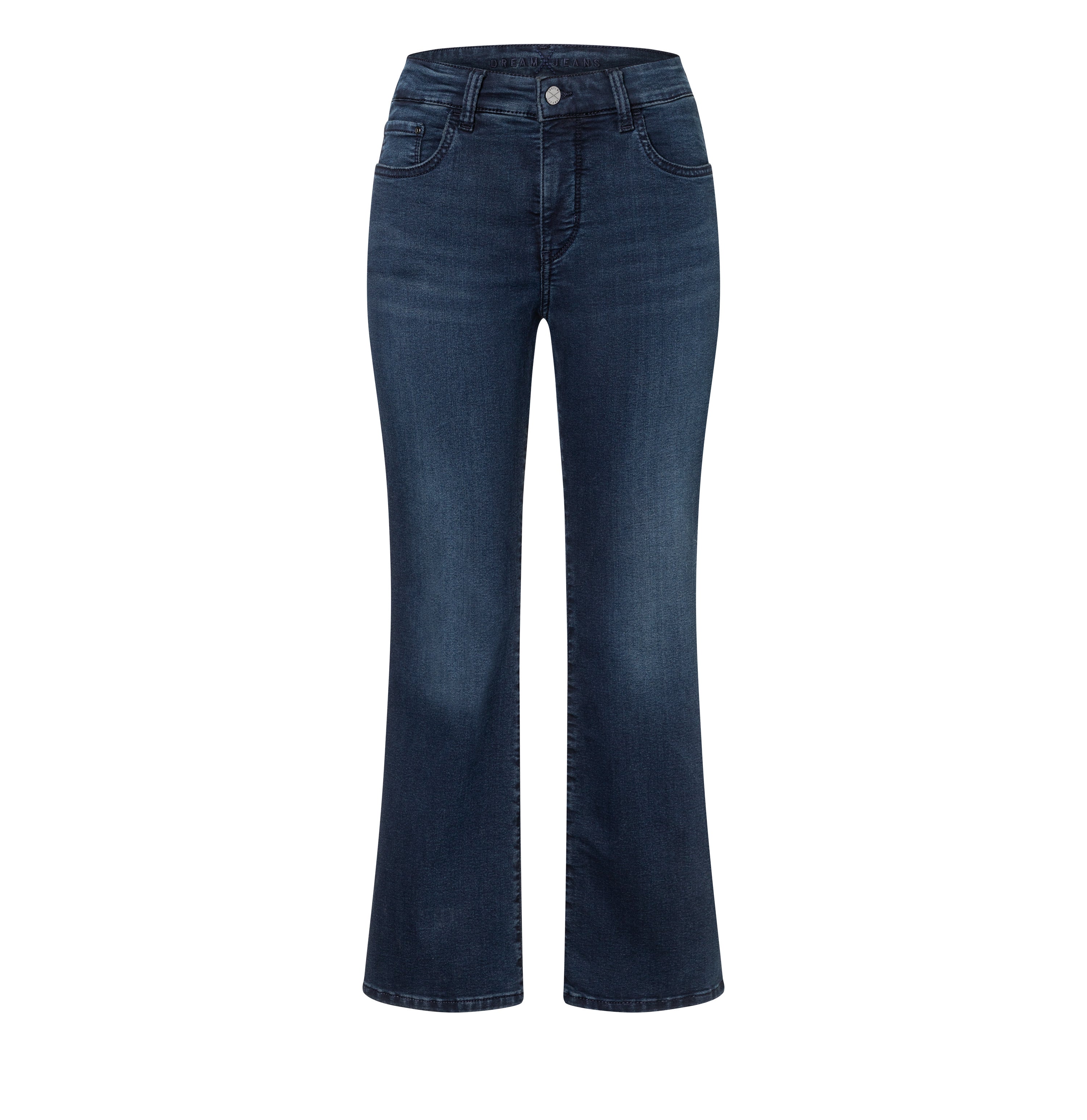 Figure-shaping jeans with flare kick design. | DREAM KICK | blue overdyed black | Front view of bust