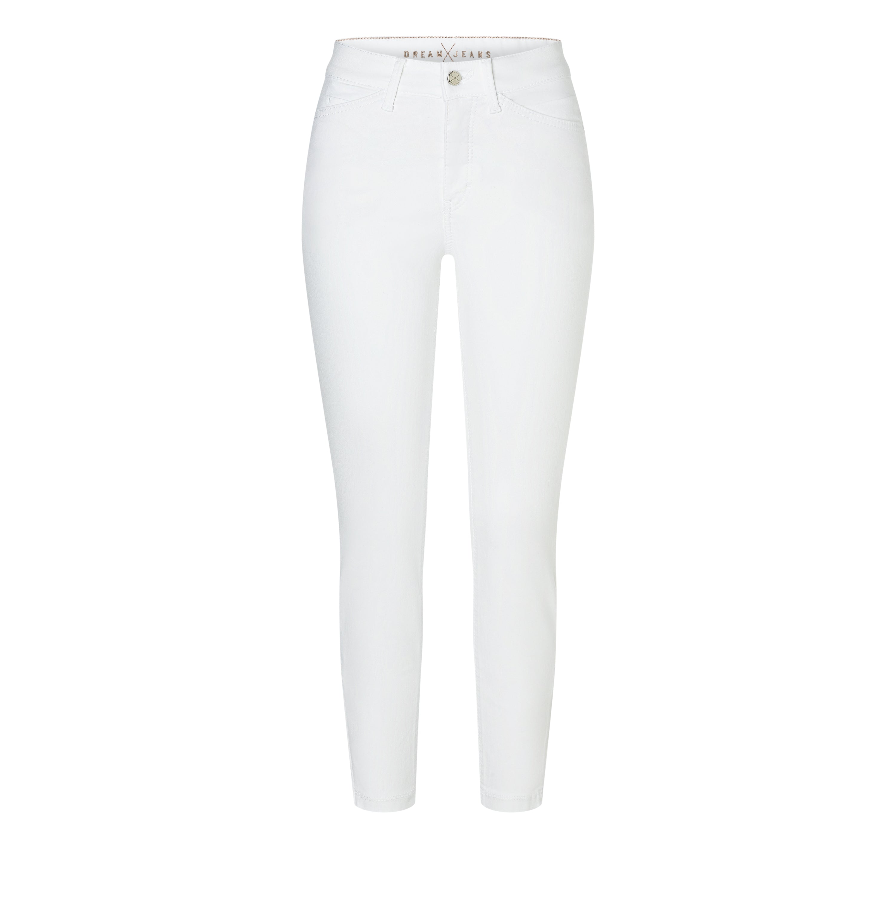 Cropped hyper stretch jeans with zip detail. | DREAM CHIC | white denim | Front view of bust