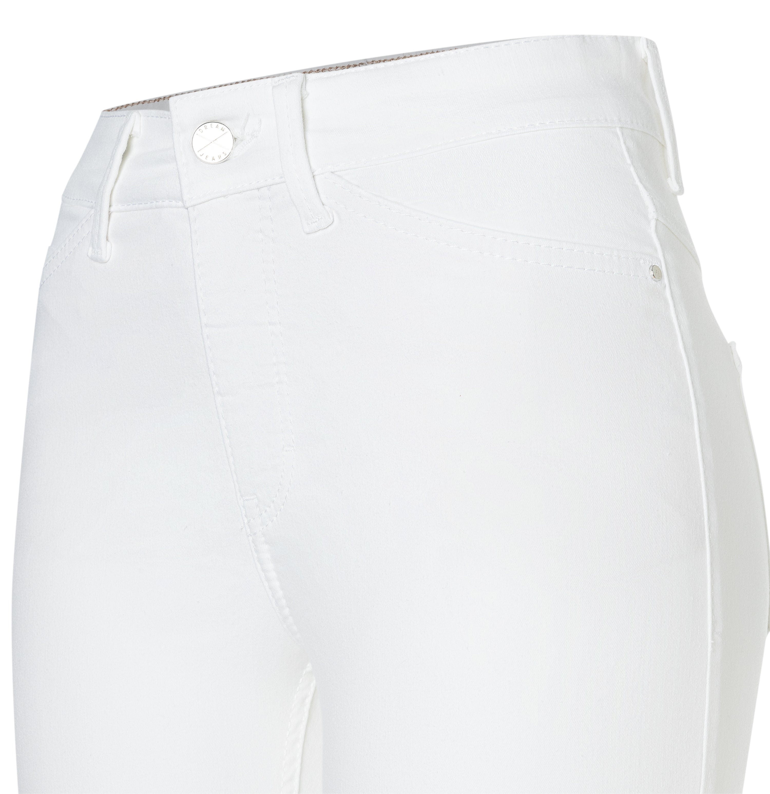 Cropped hyper stretch jeans with zip detail. | DREAM CHIC | white denim | Further detail of bust