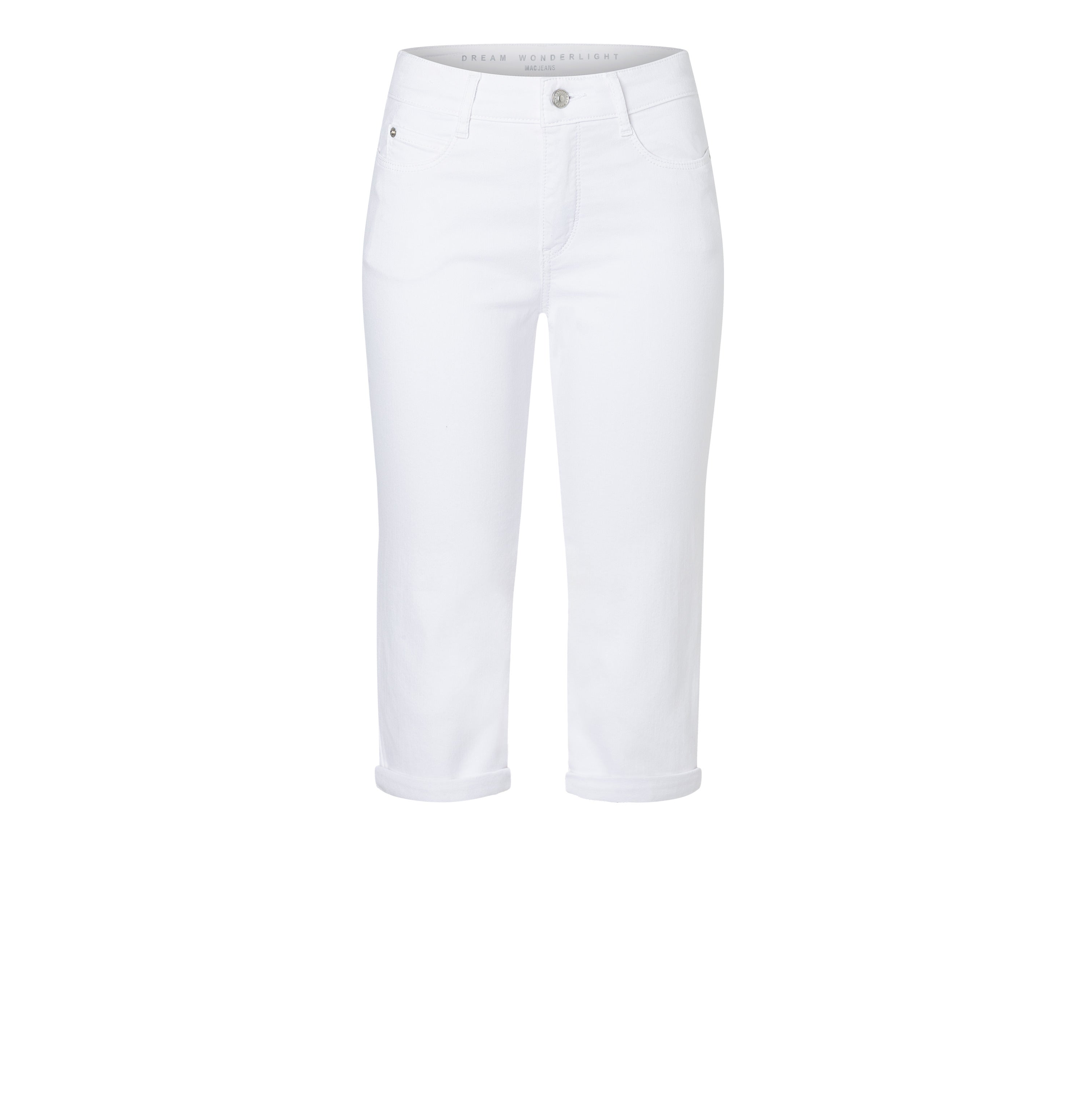 Light capri jeans with shaping effect. | DREAM SUN | white denim | Front view of bust